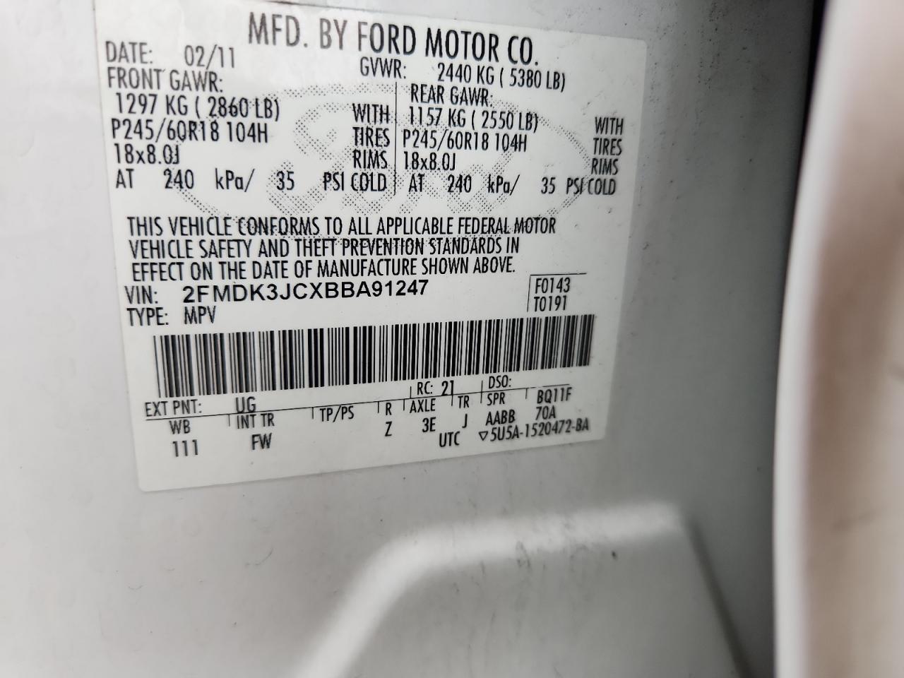 2011 Ford Edge Sel White vin: 2FMDK3JCXBBA91247
