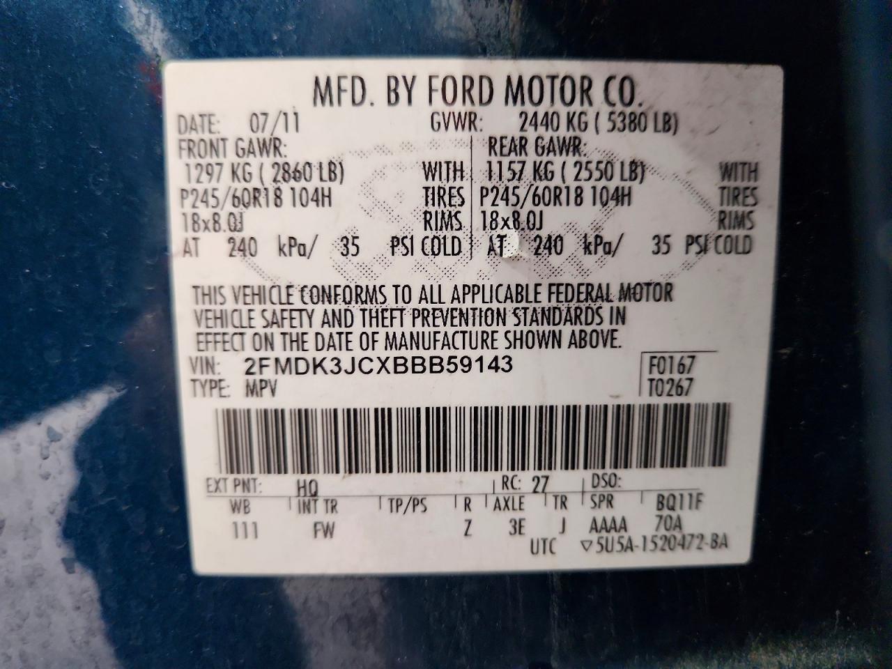 2011 Ford Edge Sel Blue vin: 2FMDK3JCXBBB59143
