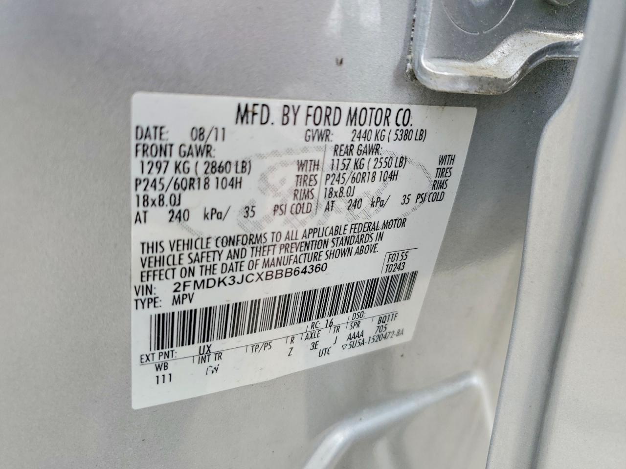 2011 Ford Edge Sel Silver vin: 2FMDK3JCXBBB64360