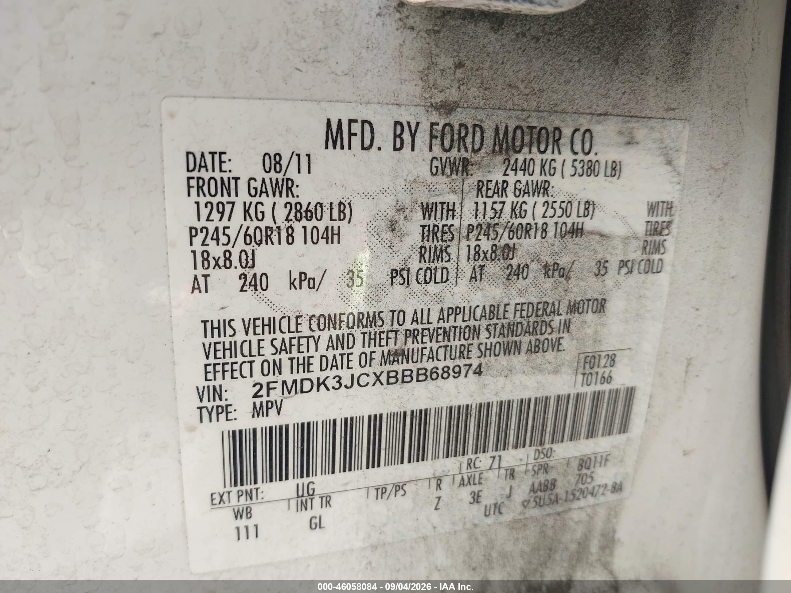 2011 Ford Edge Sel White vin: 2FMDK3JCXBBB68974