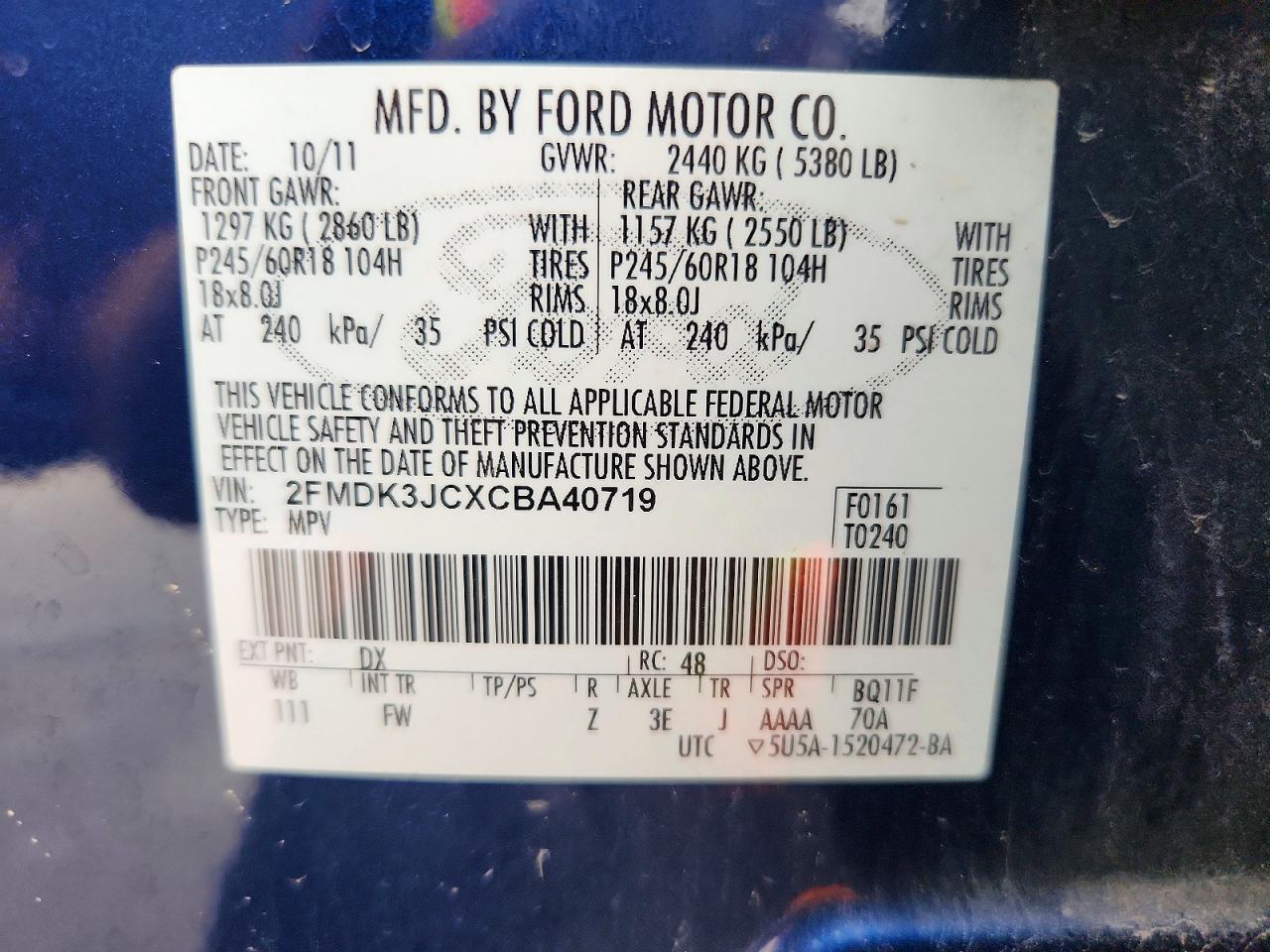 2012 Ford Edge Sel Blue vin: 2FMDK3JCXCBA40719