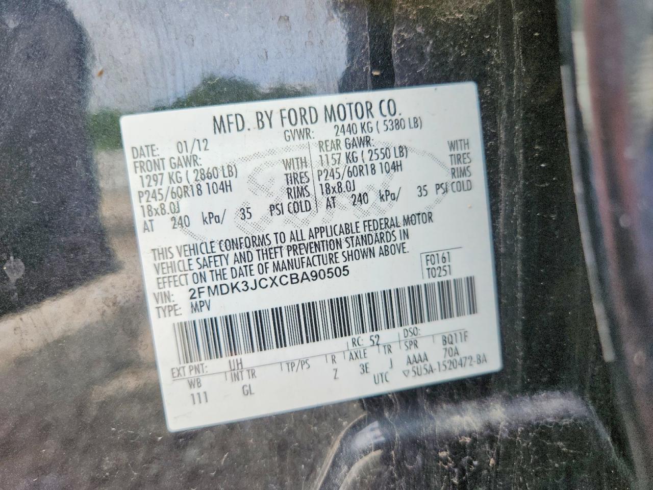 2012 Ford Edge Black vin: 2FMDK3JCXCBA90505