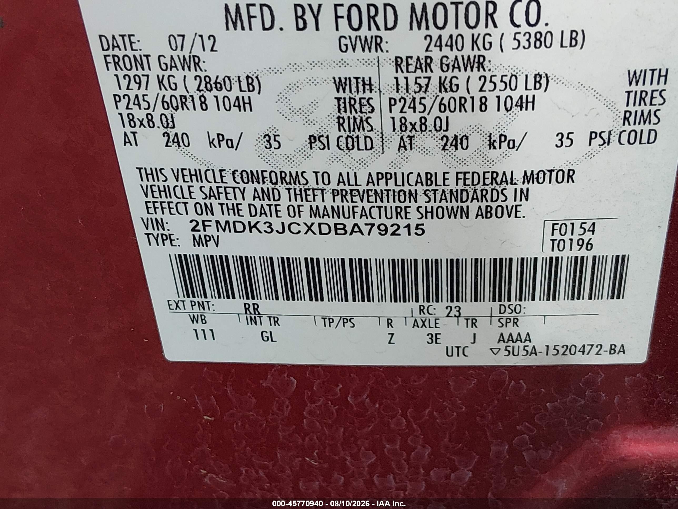 2013 Ford Edge Sel Red vin: 2FMDK3JCXDBA79215