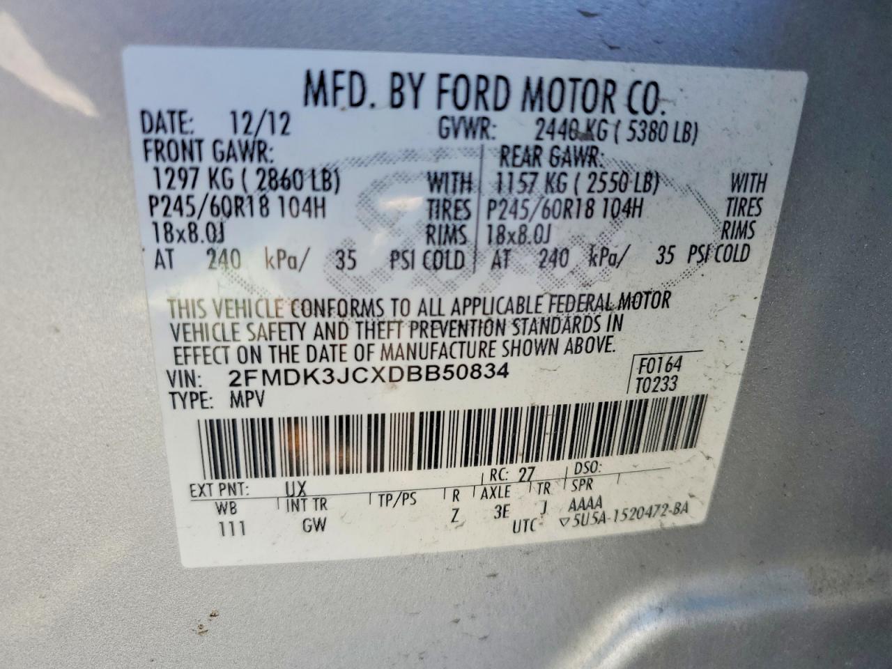 2013 Ford Edge Sel Silver vin: 2FMDK3JCXDBB50834