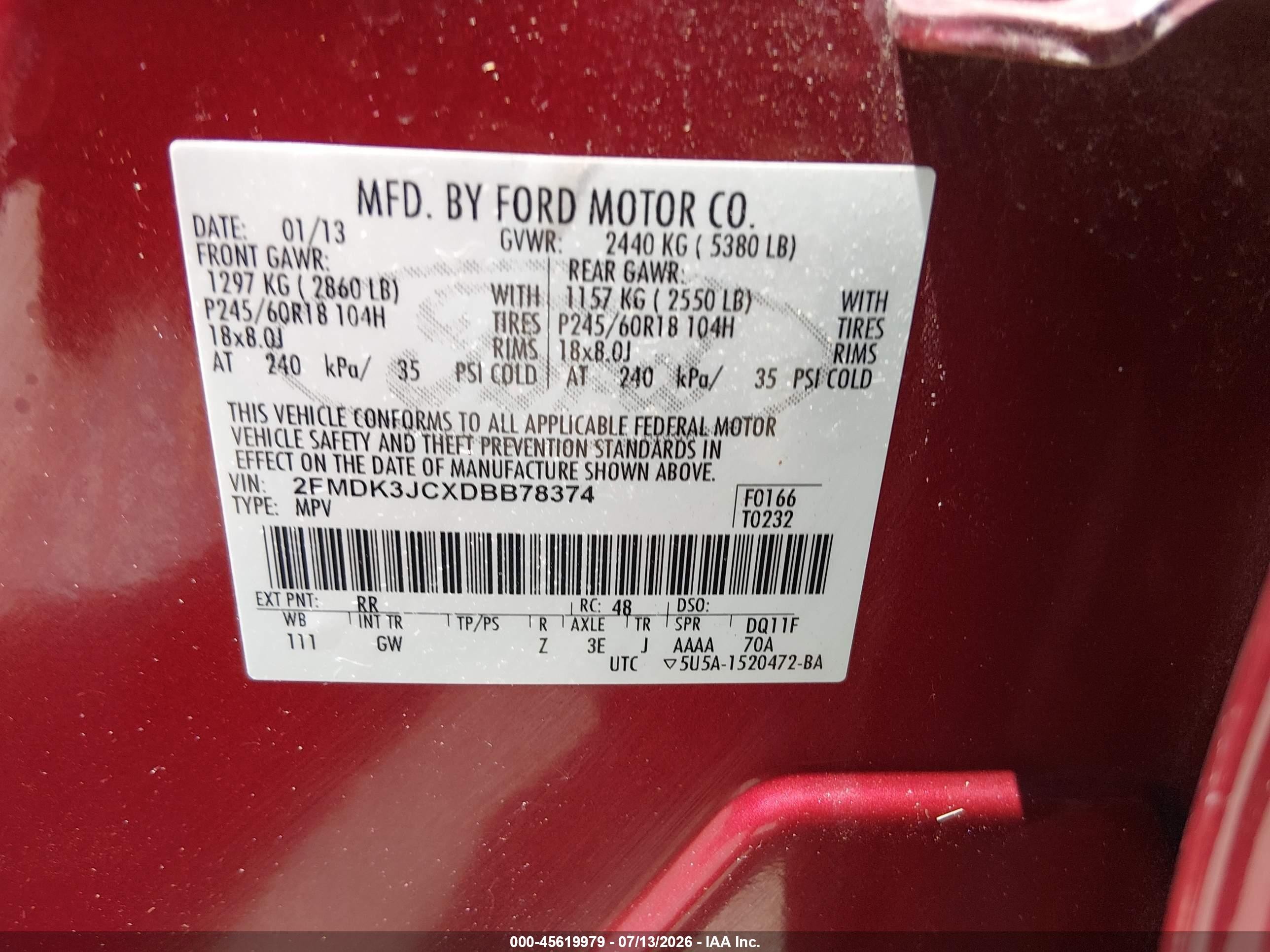 2013 Ford Edge Sel Burgundy vin: 2FMDK3JCXDBB78374