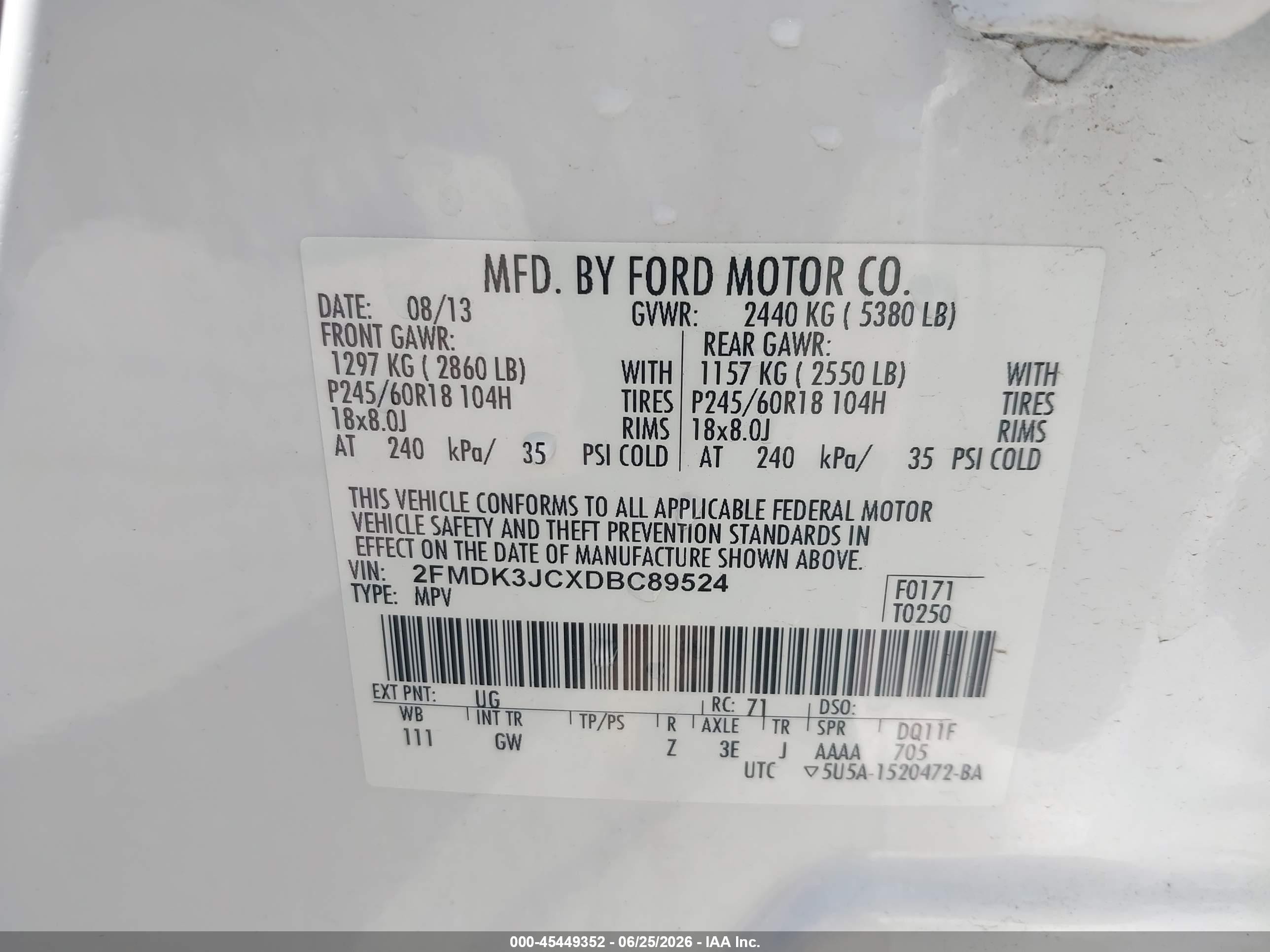 2013 Ford Edge Sel White vin: 2FMDK3JCXDBC89524