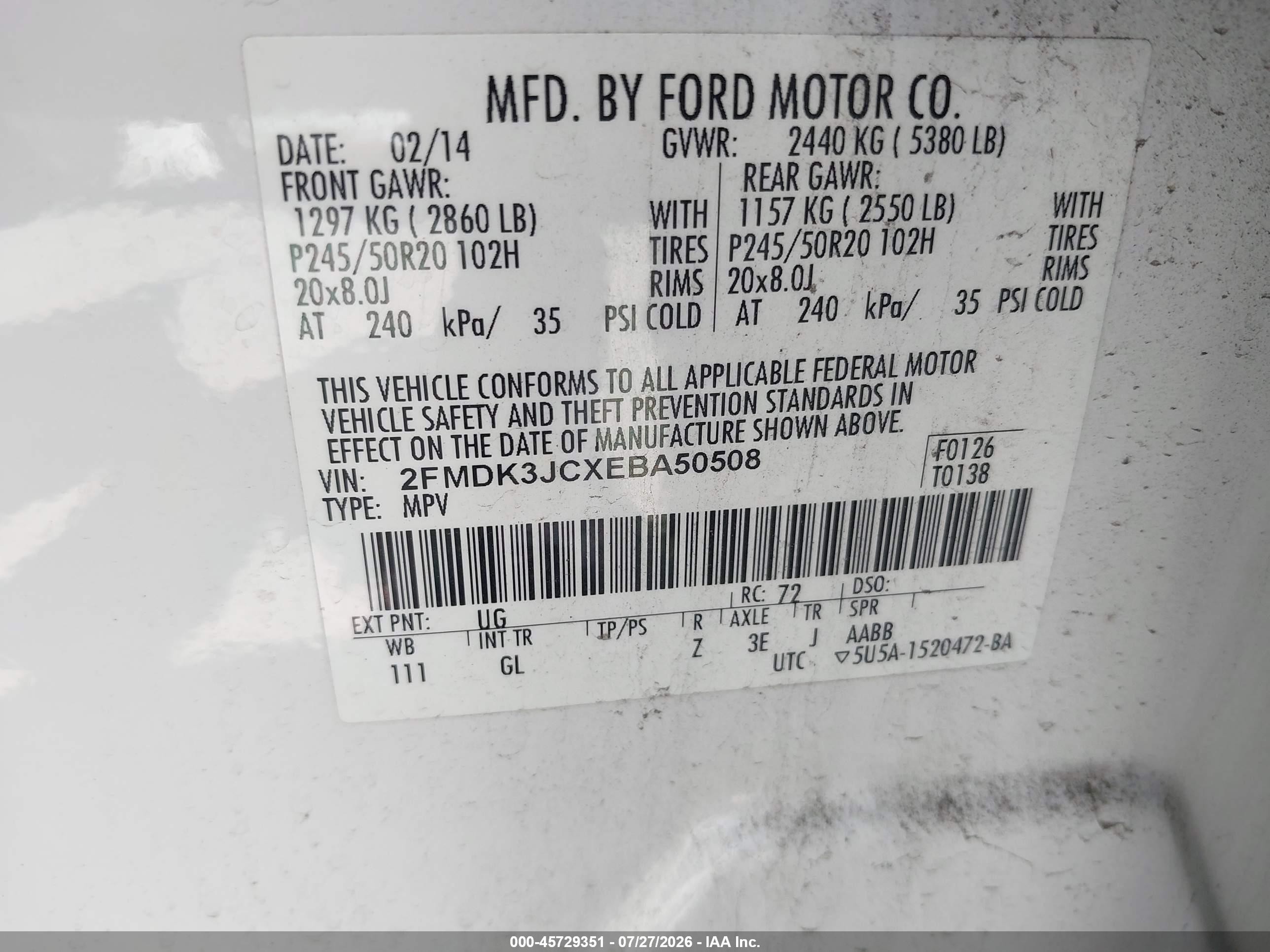 2014 Ford Edge Sel White vin: 2FMDK3JCXEBA50508