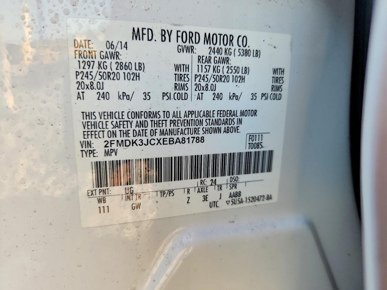 2014 Ford Edge Sel White vin: 2FMDK3JCXEBA81788
