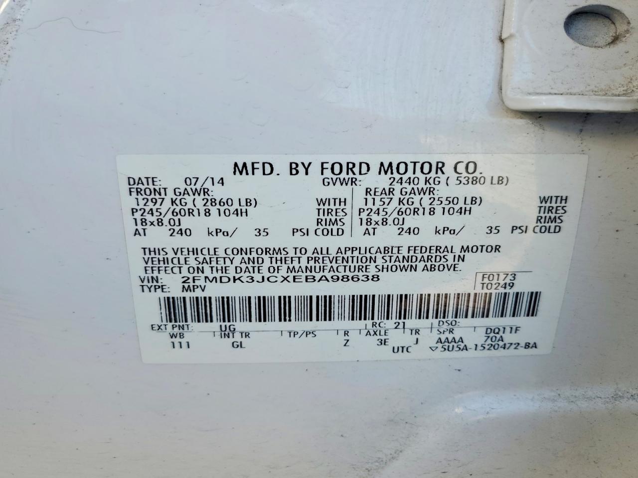 2014 Ford Edge Sel White vin: 2FMDK3JCXEBA98638