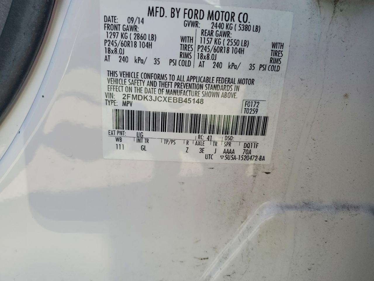 2014 Ford Edge Sel White vin: 2FMDK3JCXEBB45148