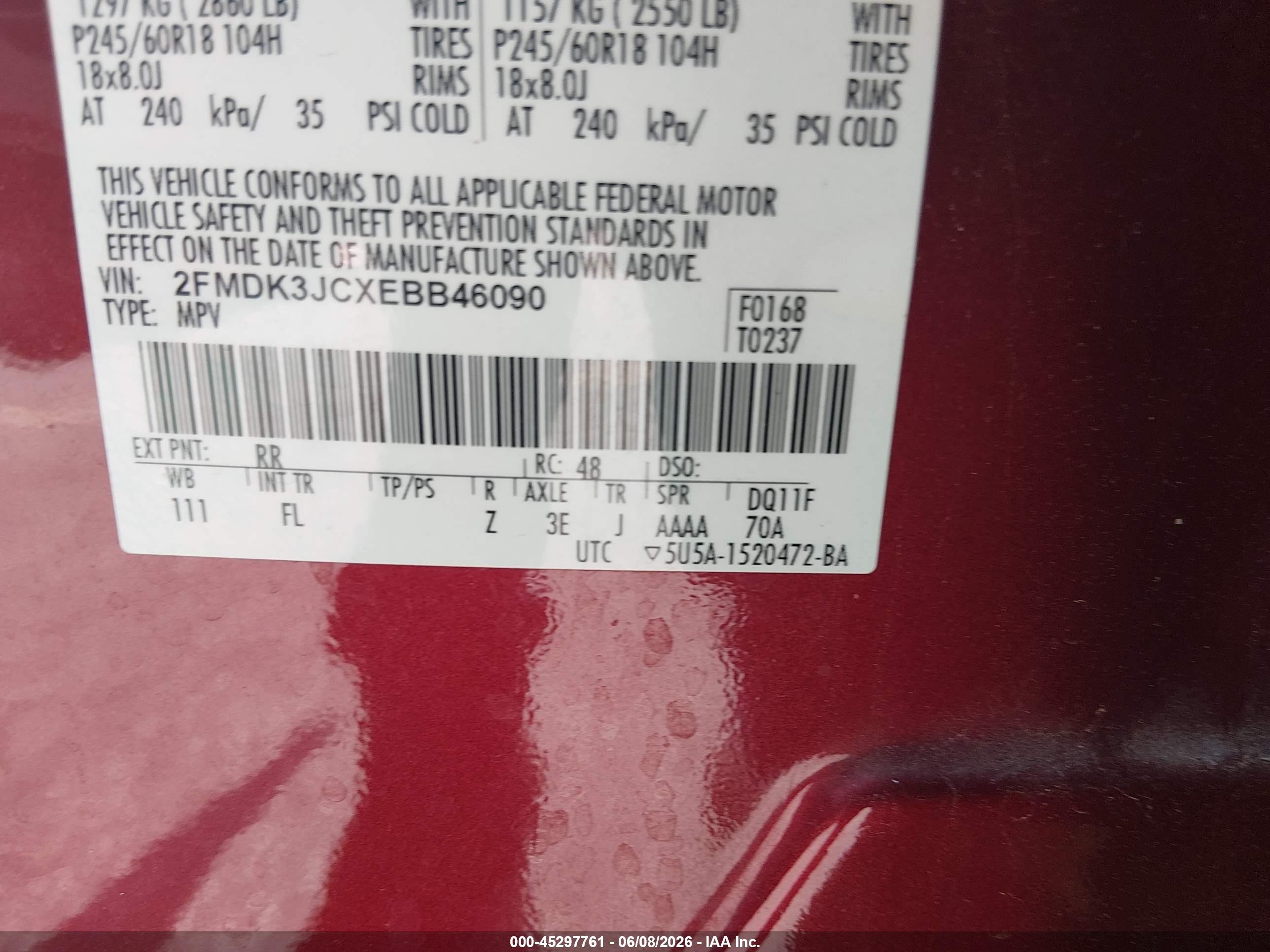 2014 Ford Edge Sel Red vin: 2FMDK3JCXEBB46090