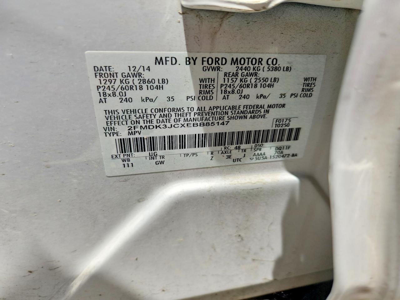2014 Ford Edge Sel White vin: 2FMDK3JCXEBB85147
