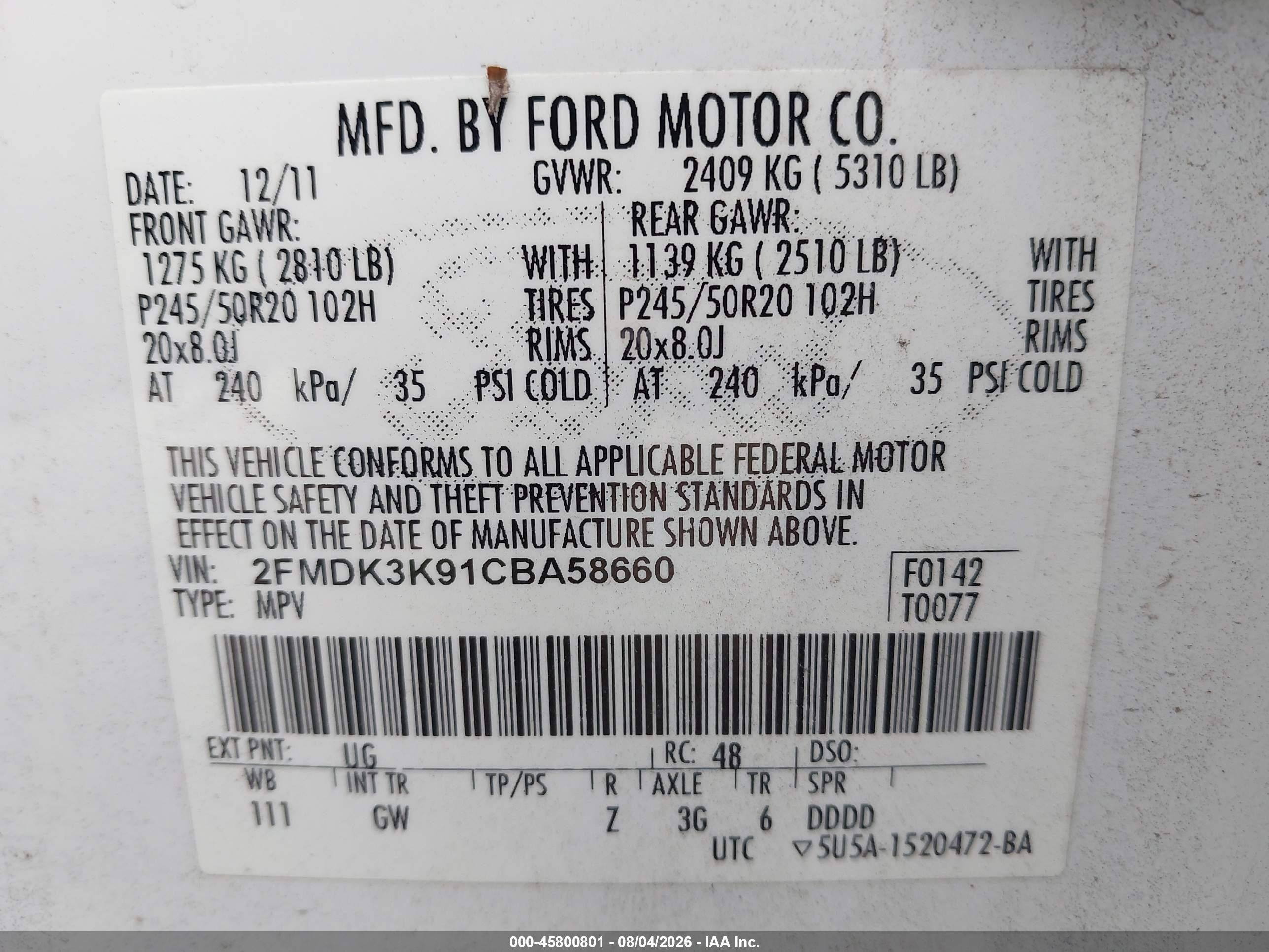 2012 Ford Edge Limited Белый vin: 2FMDK3K91CBA58660