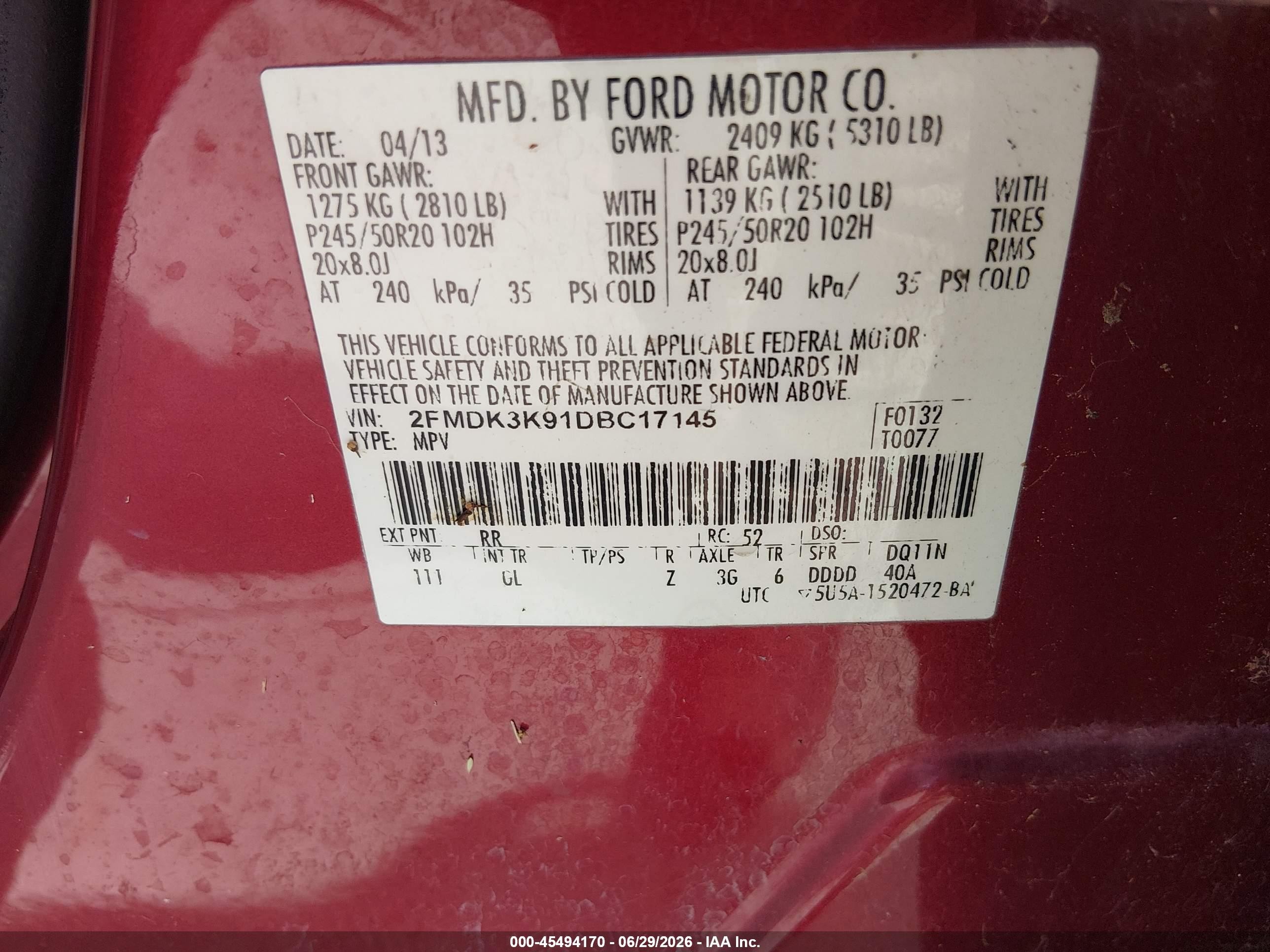 2013 Ford Edge Limited Red vin: 2FMDK3K91DBC17145