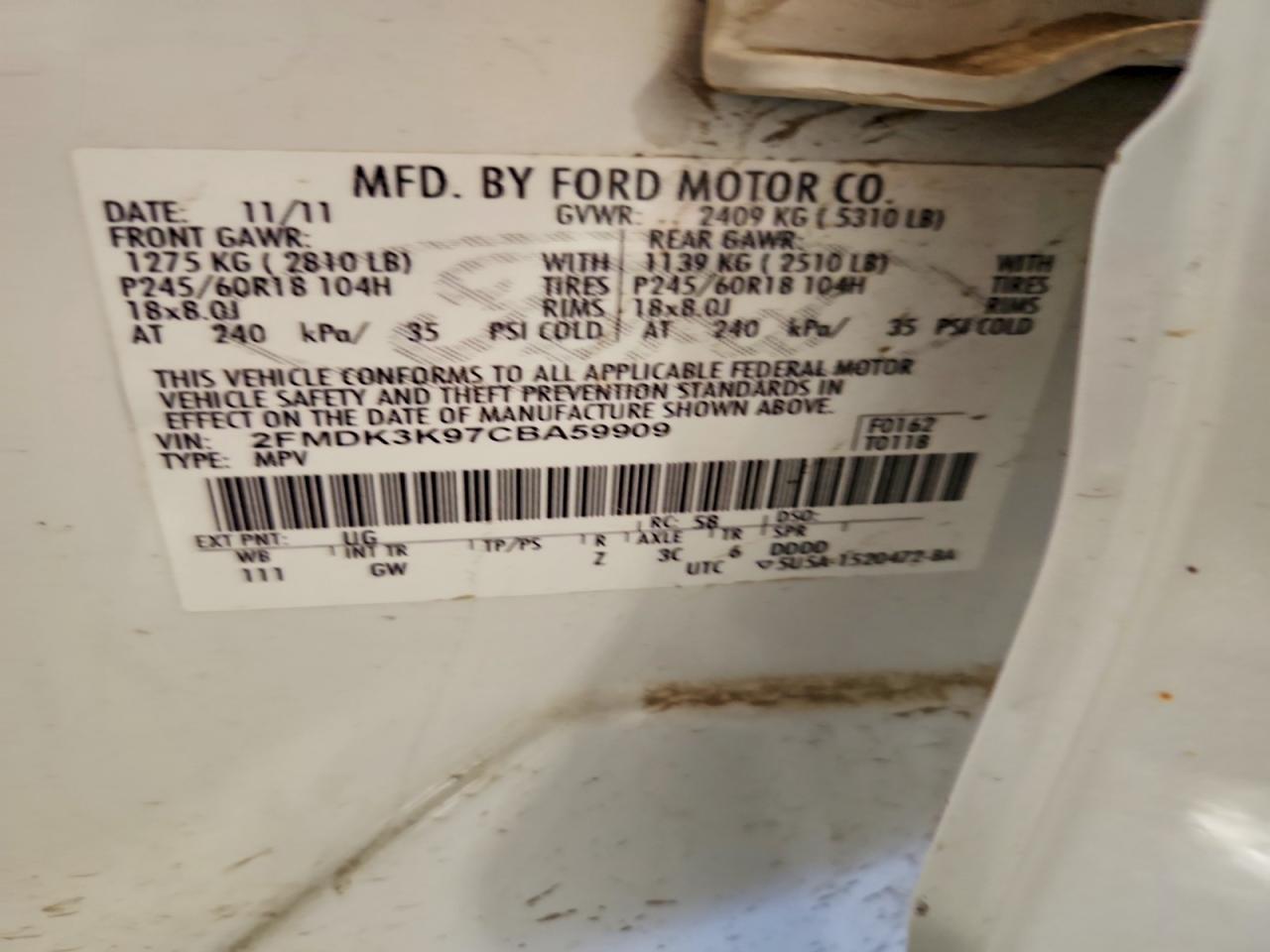 2012 Ford Edge Limited White vin: 2FMDK3K97CBA59909