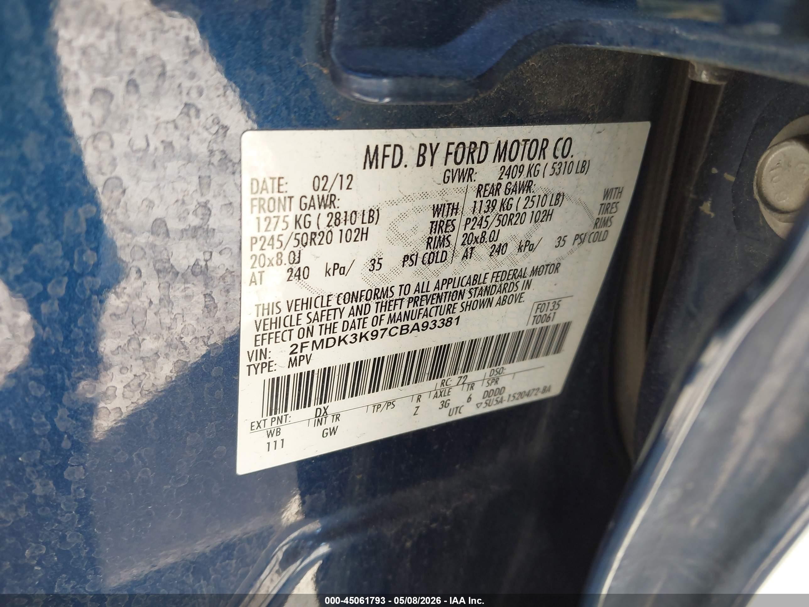 2012 Ford Edge Limited Blue vin: 2FMDK3K97CBA93381