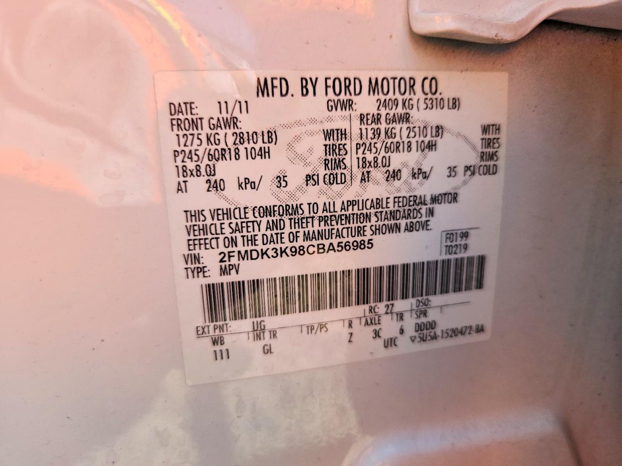 2012 Ford Edge Limited Белый vin: 2FMDK3K98CBA56985