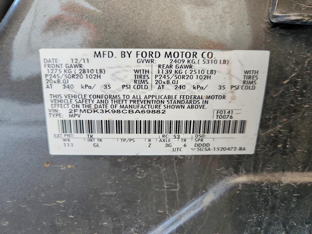 2012 Ford Edge Limited Tan vin: 2FMDK3K98CBA69882