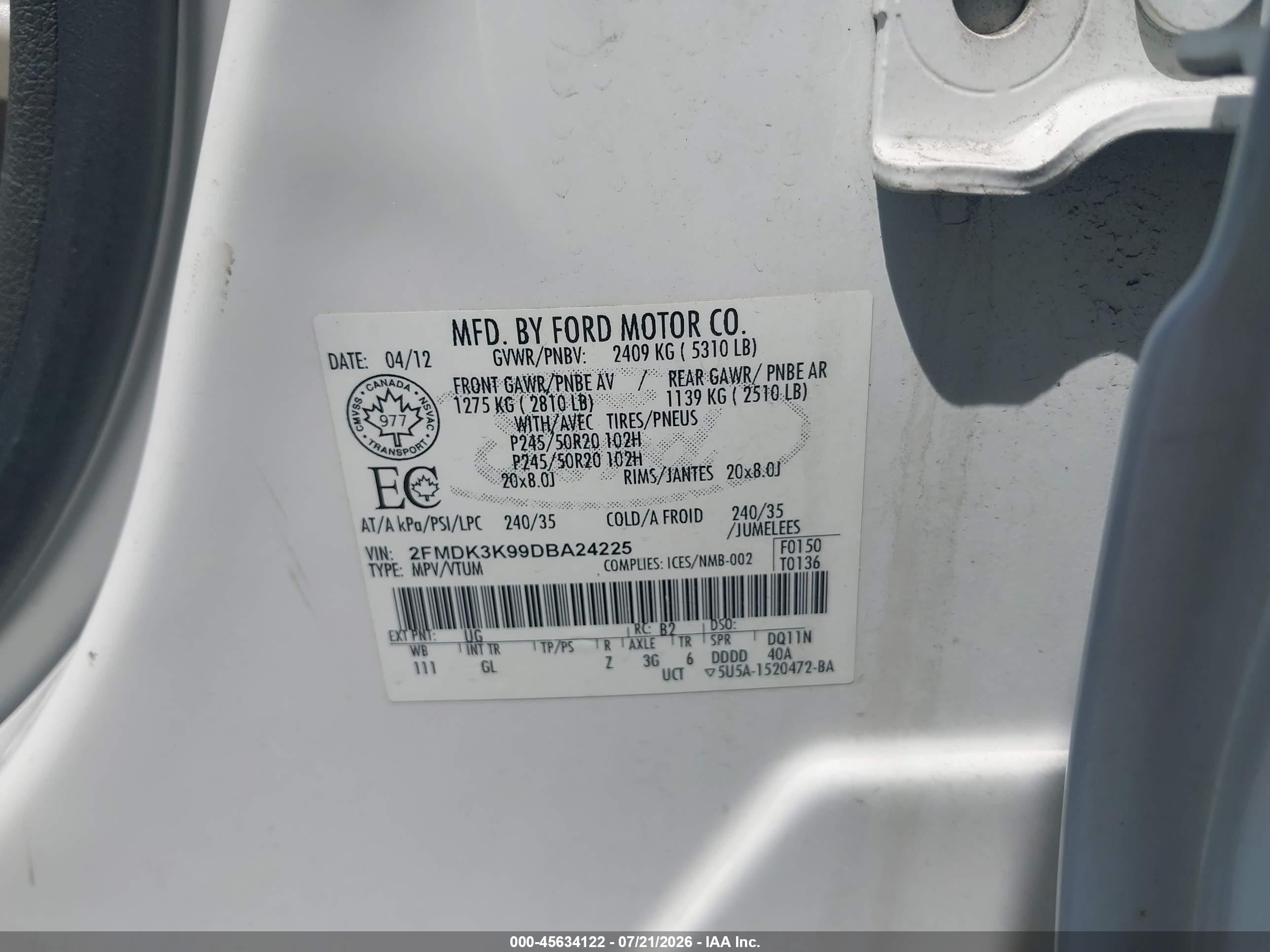 2013 Ford Edge Limited Белый vin: 2FMDK3K99DBA24225