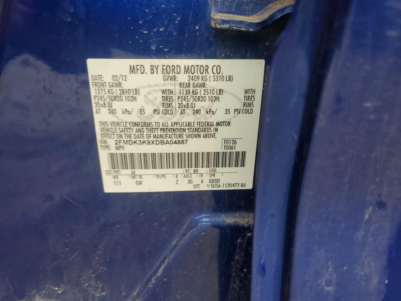 2013 Ford Edge Limited Blue vin: 2FMDK3K9XDBA04887