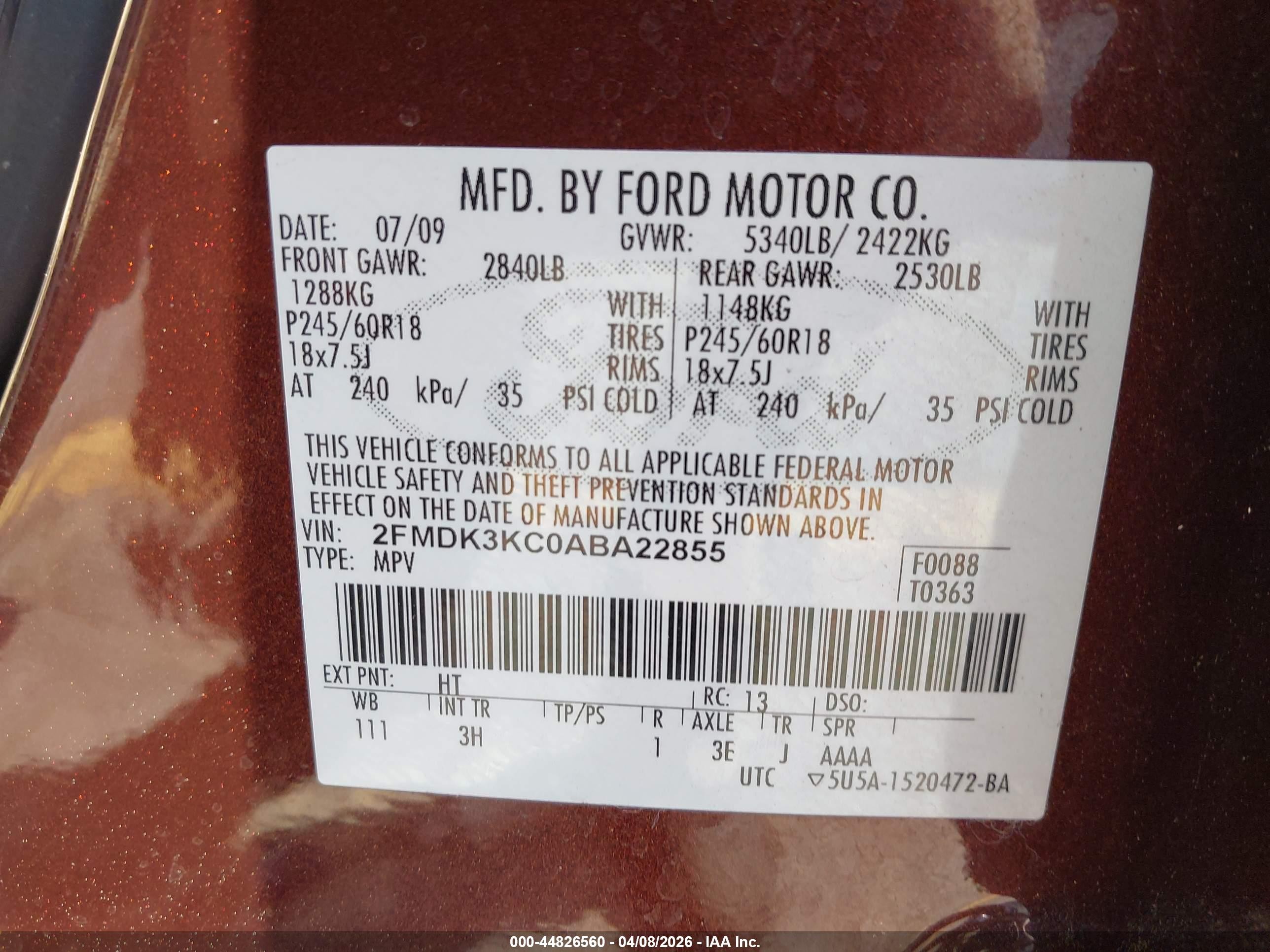 2010 Ford Edge Limited Burgundy vin: 2FMDK3KC0ABA22855