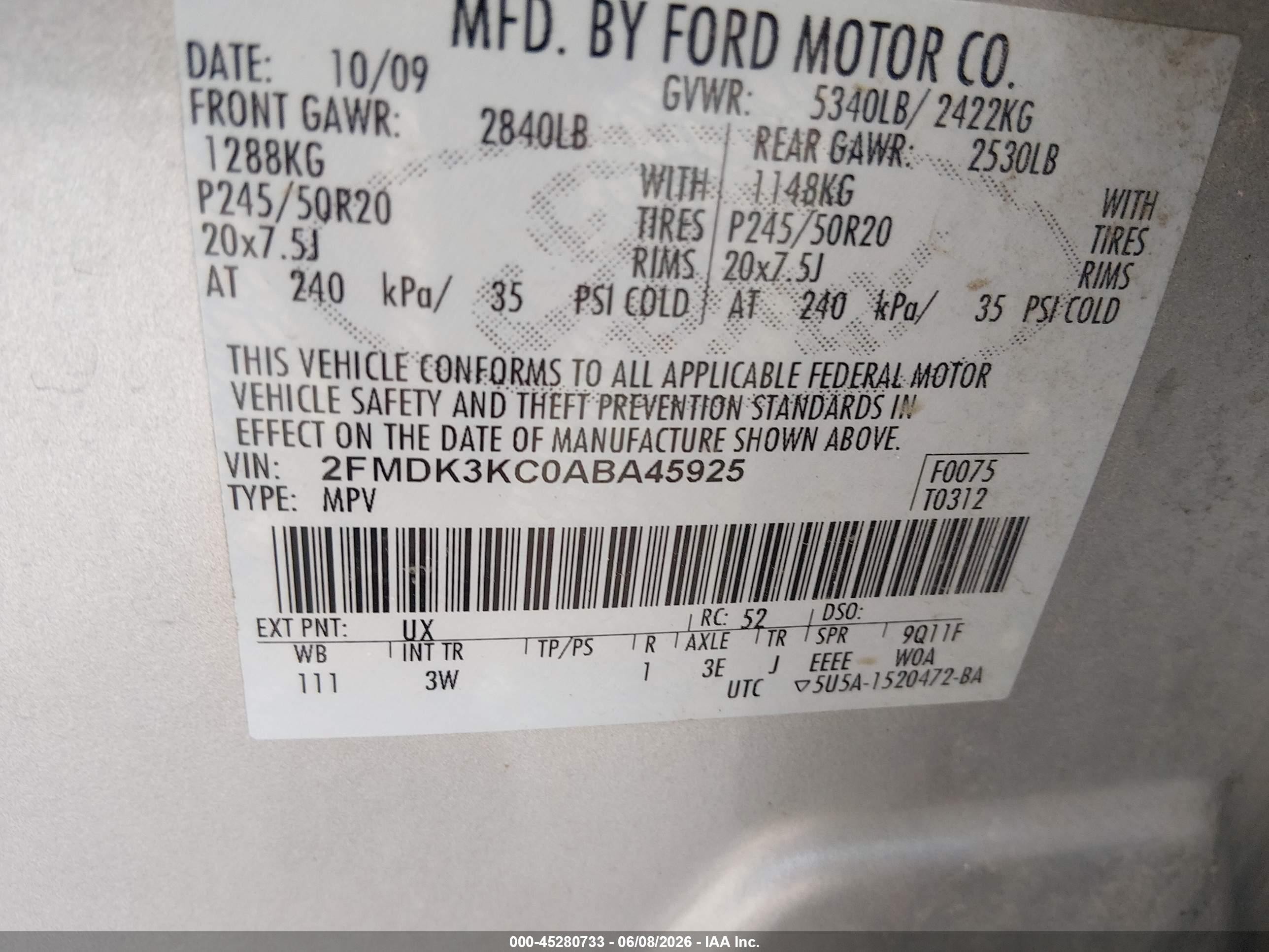 2010 Ford Edge Limited Серебряный vin: 2FMDK3KC0ABA45925