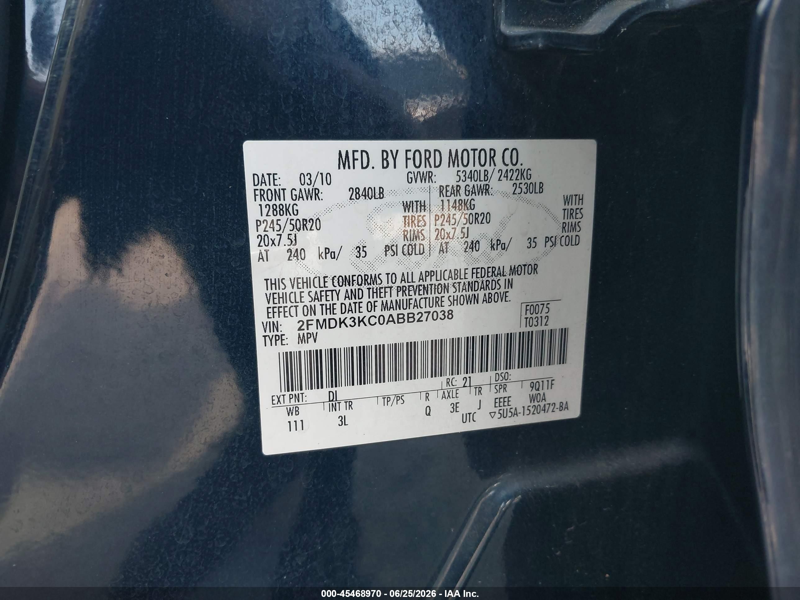 2010 Ford Edge Limited Синий vin: 2FMDK3KC0ABB27038