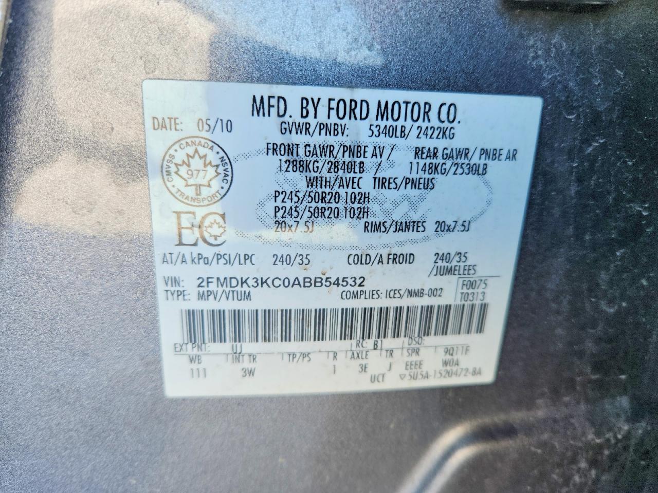 2010 Ford Edge Limited Gray vin: 2FMDK3KC0ABB54532