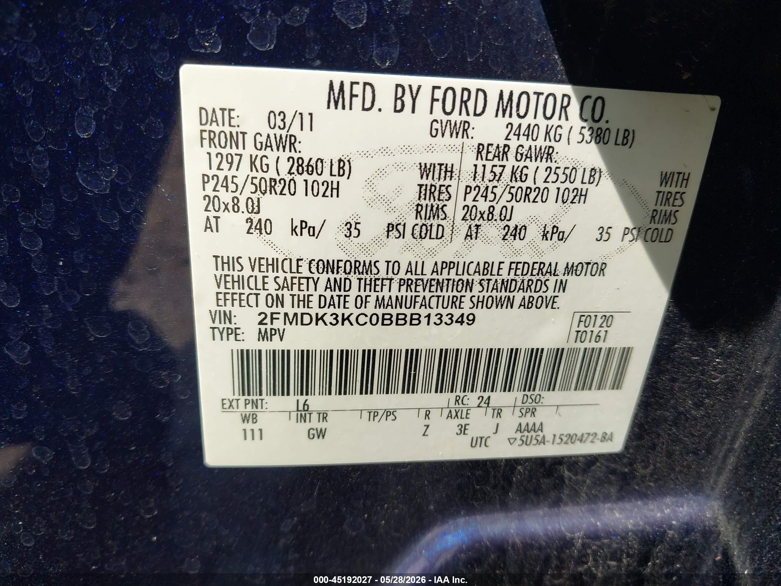 2011 Ford Edge Limited Blue vin: 2FMDK3KC0BBB13349