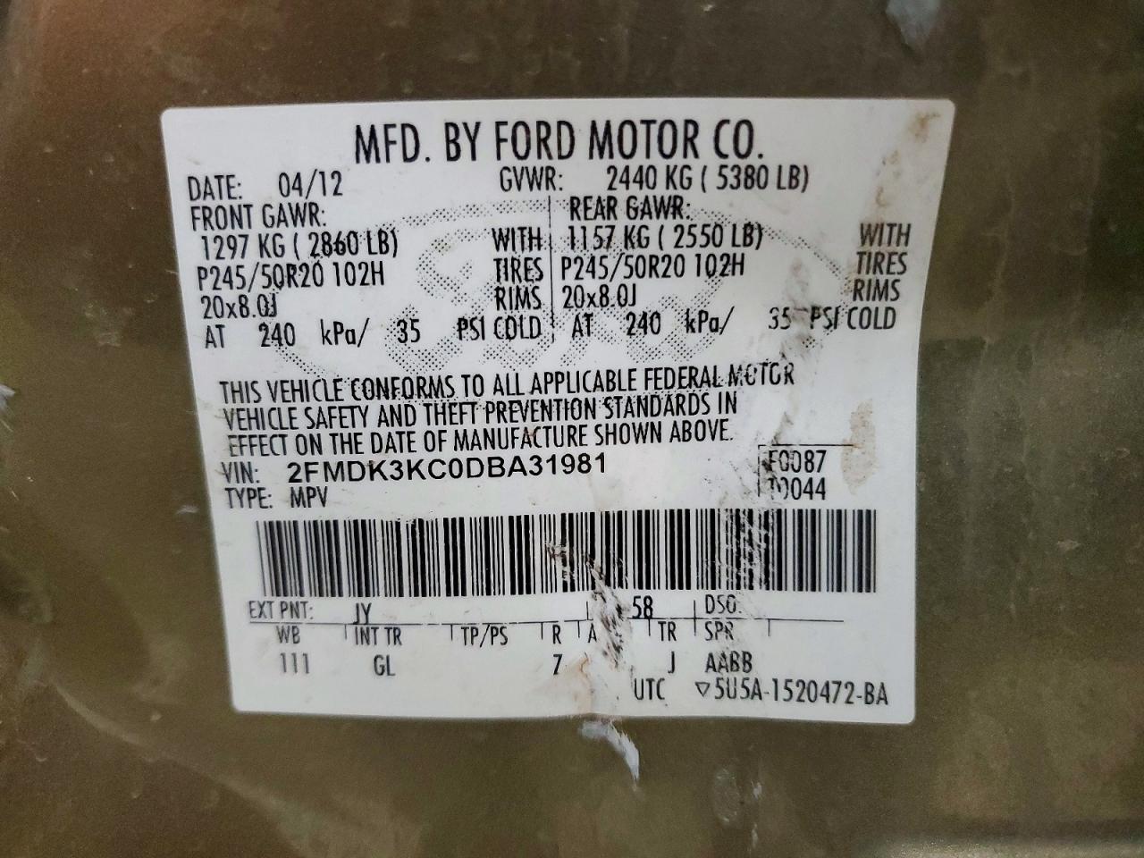 2013 Ford Edge Limited Green vin: 2FMDK3KC0DBA31981