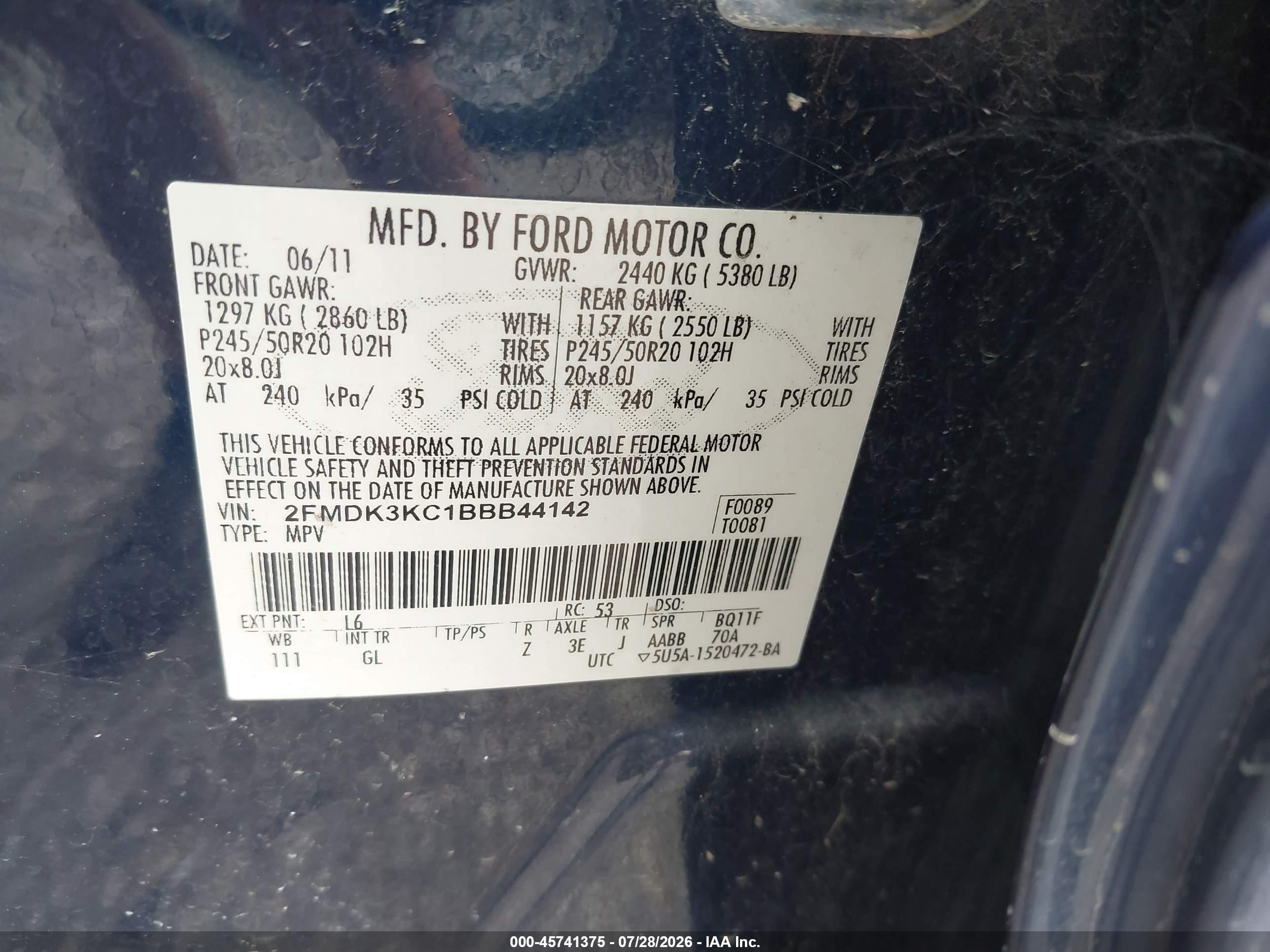 2011 Ford Edge Limited Blue vin: 2FMDK3KC1BBB44142