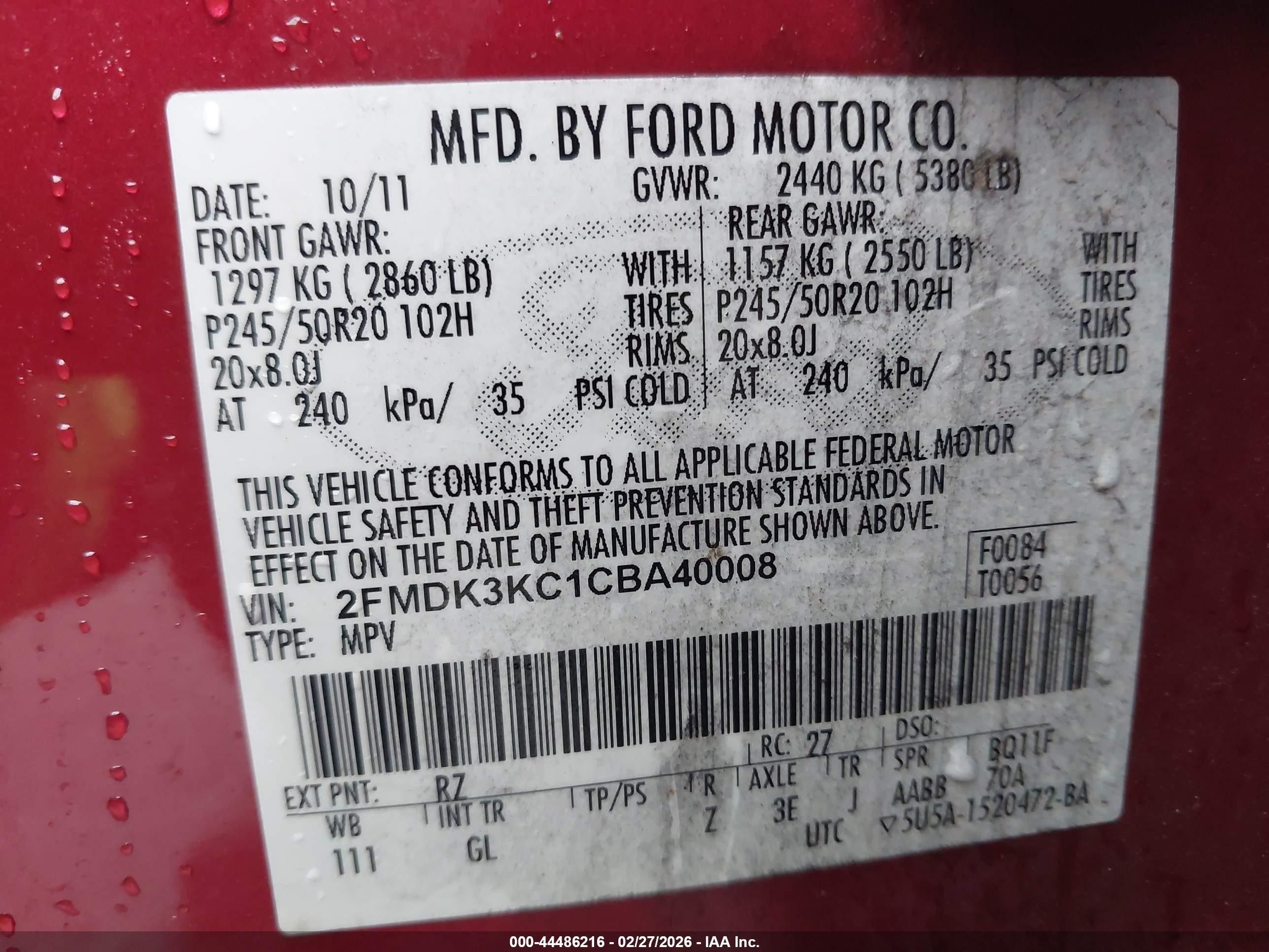 2012 Ford Edge Limited Red vin: 2FMDK3KC1CBA40008