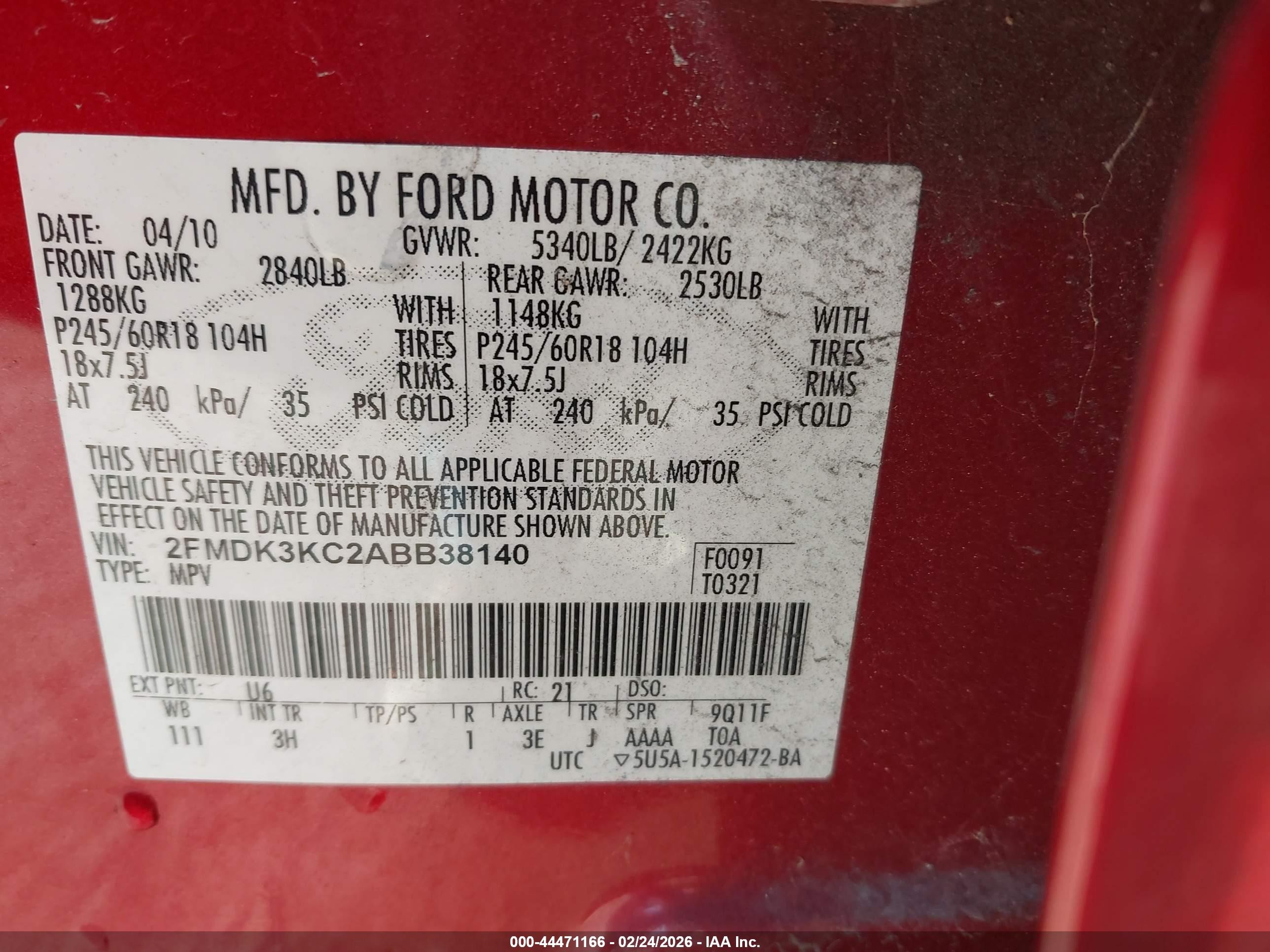 2010 Ford Edge Limited Red vin: 2FMDK3KC2ABB38140