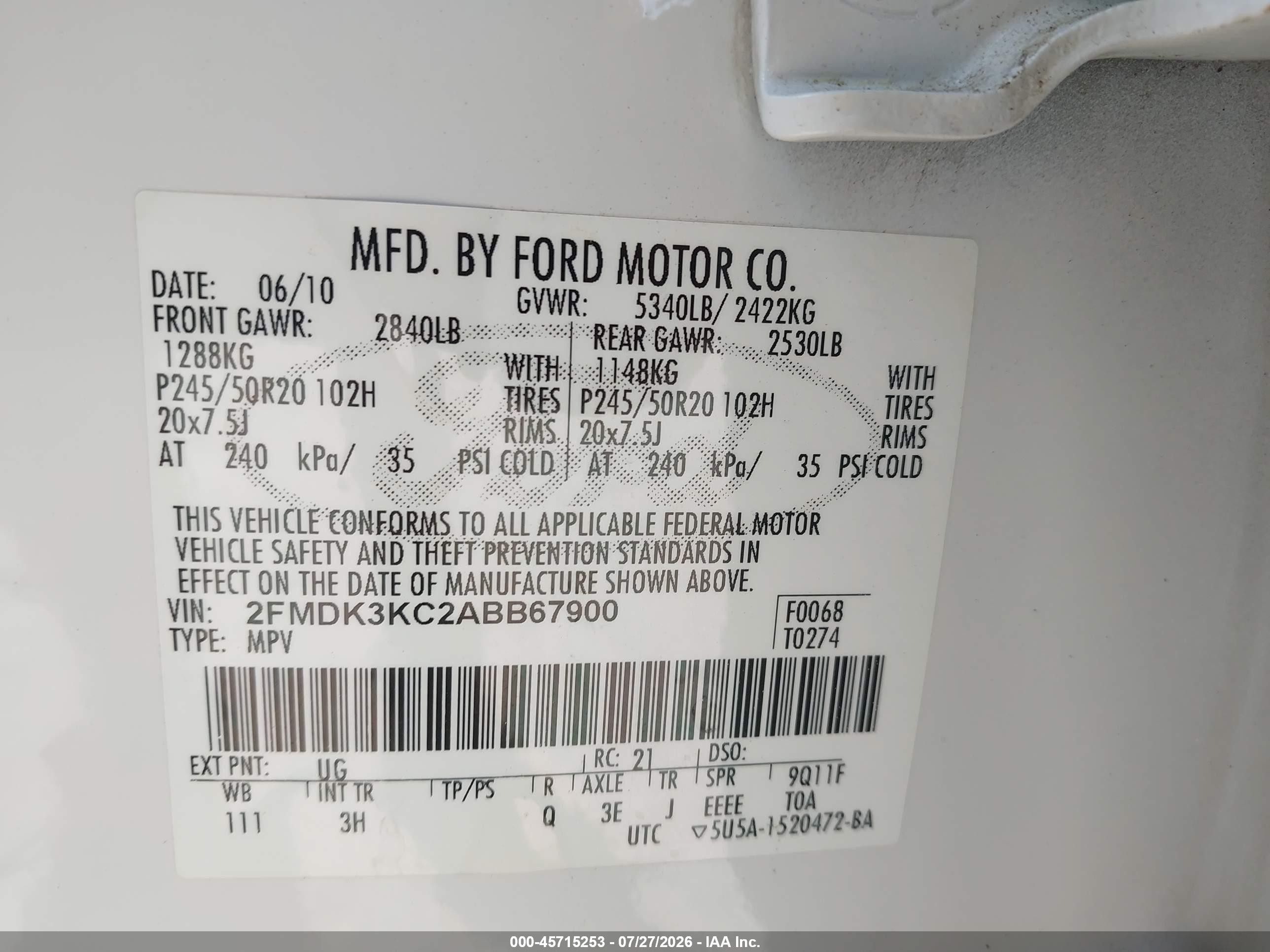 2010 Ford Edge Limited White vin: 2FMDK3KC2ABB67900