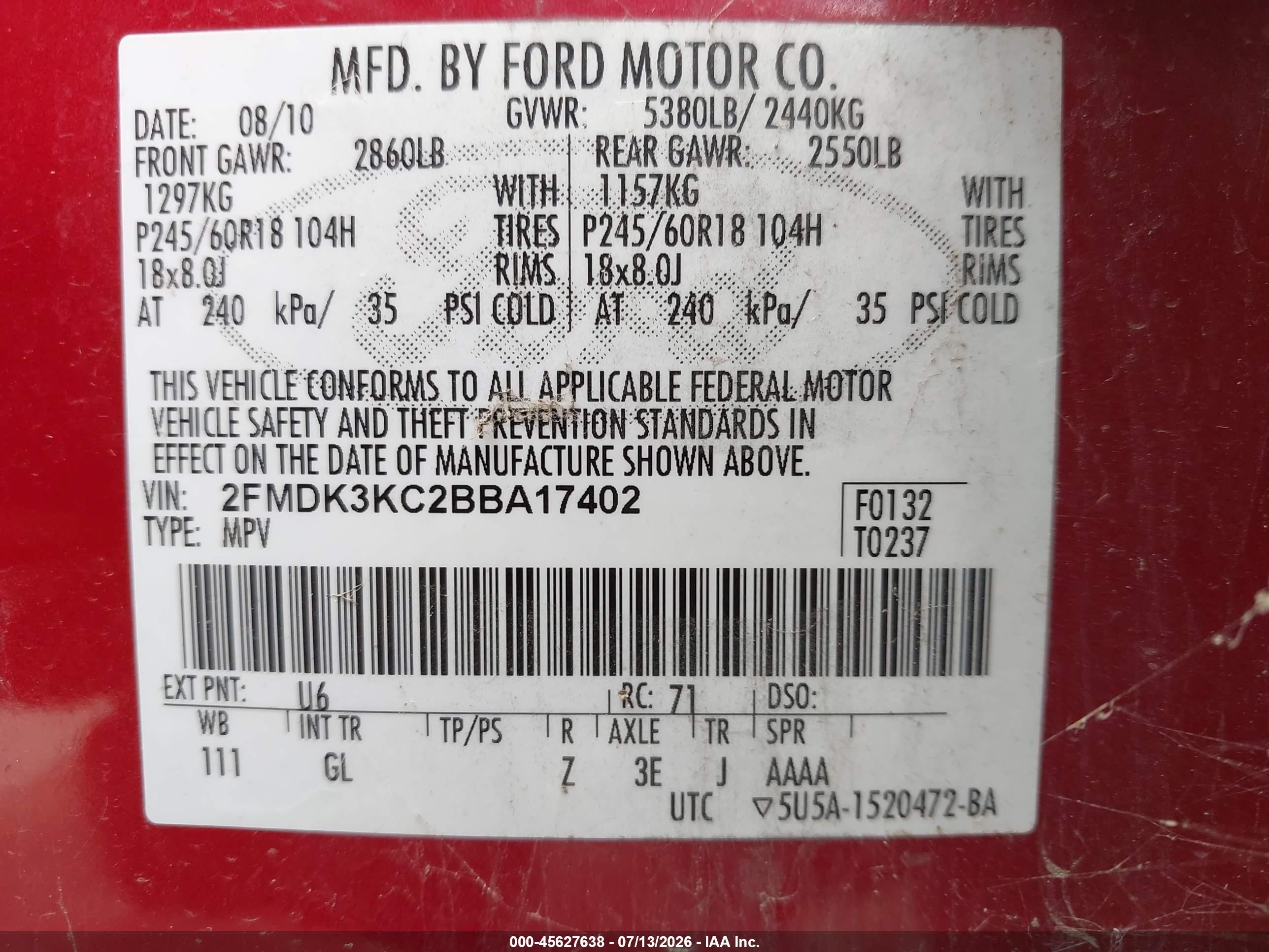 2011 Ford Edge Limited Red vin: 2FMDK3KC2BBA17402