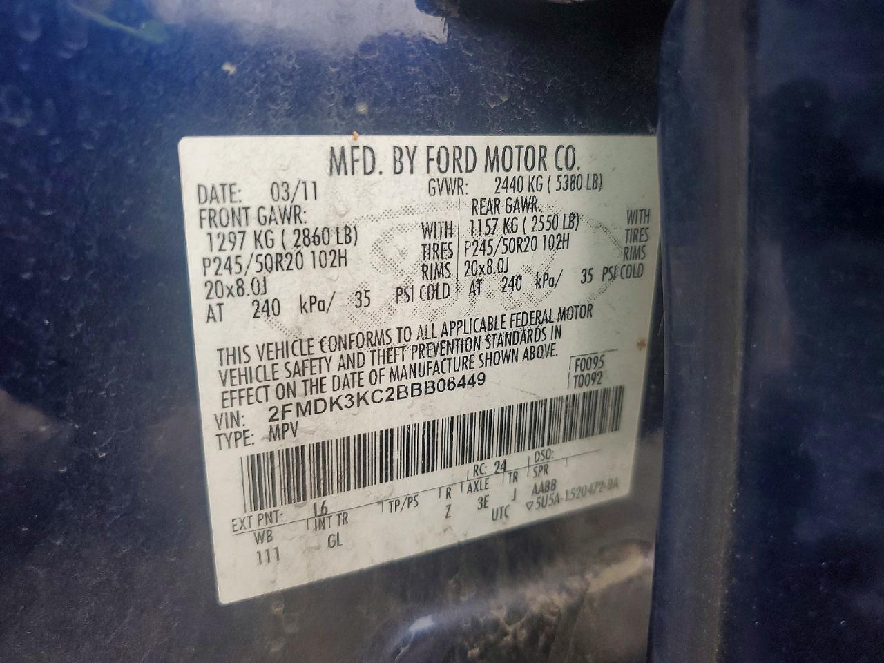 2011 Ford Edge Limited Blue vin: 2FMDK3KC2BBB06449
