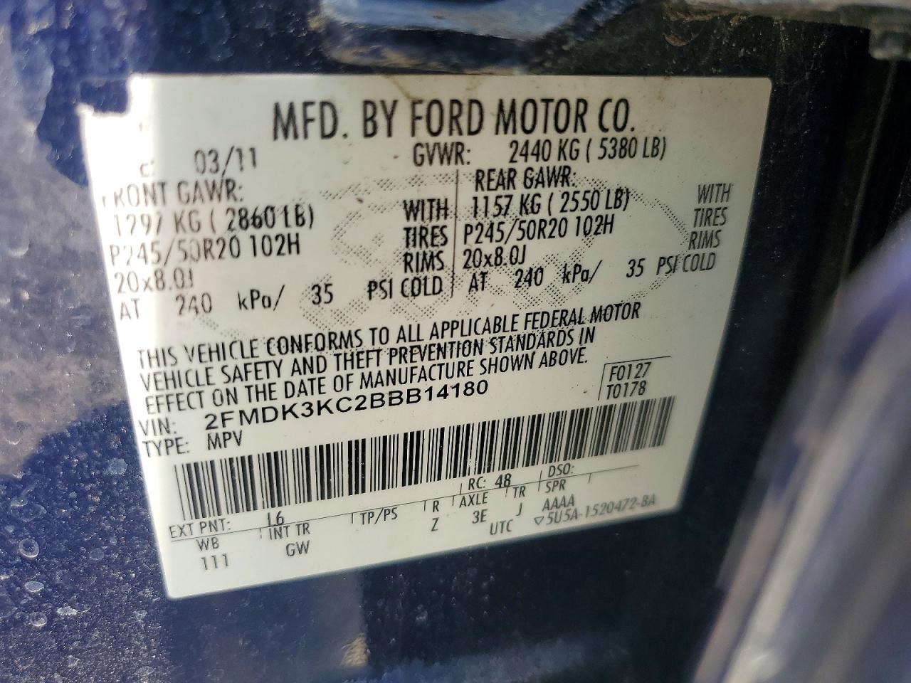 2011 Ford Edge Limited Синий vin: 2FMDK3KC2BBB14180