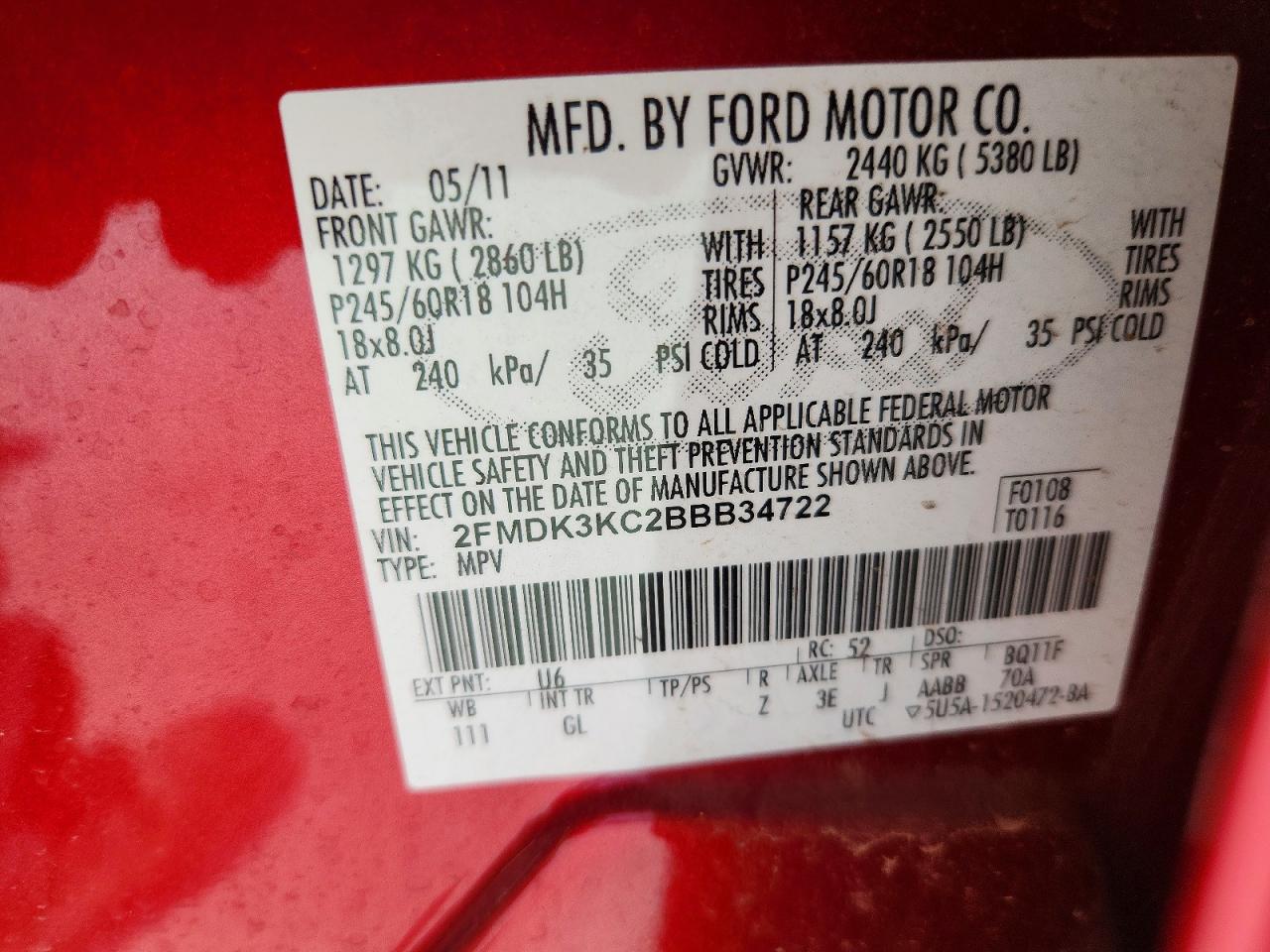 2011 Ford Edge Limited Red vin: 2FMDK3KC2BBB34722