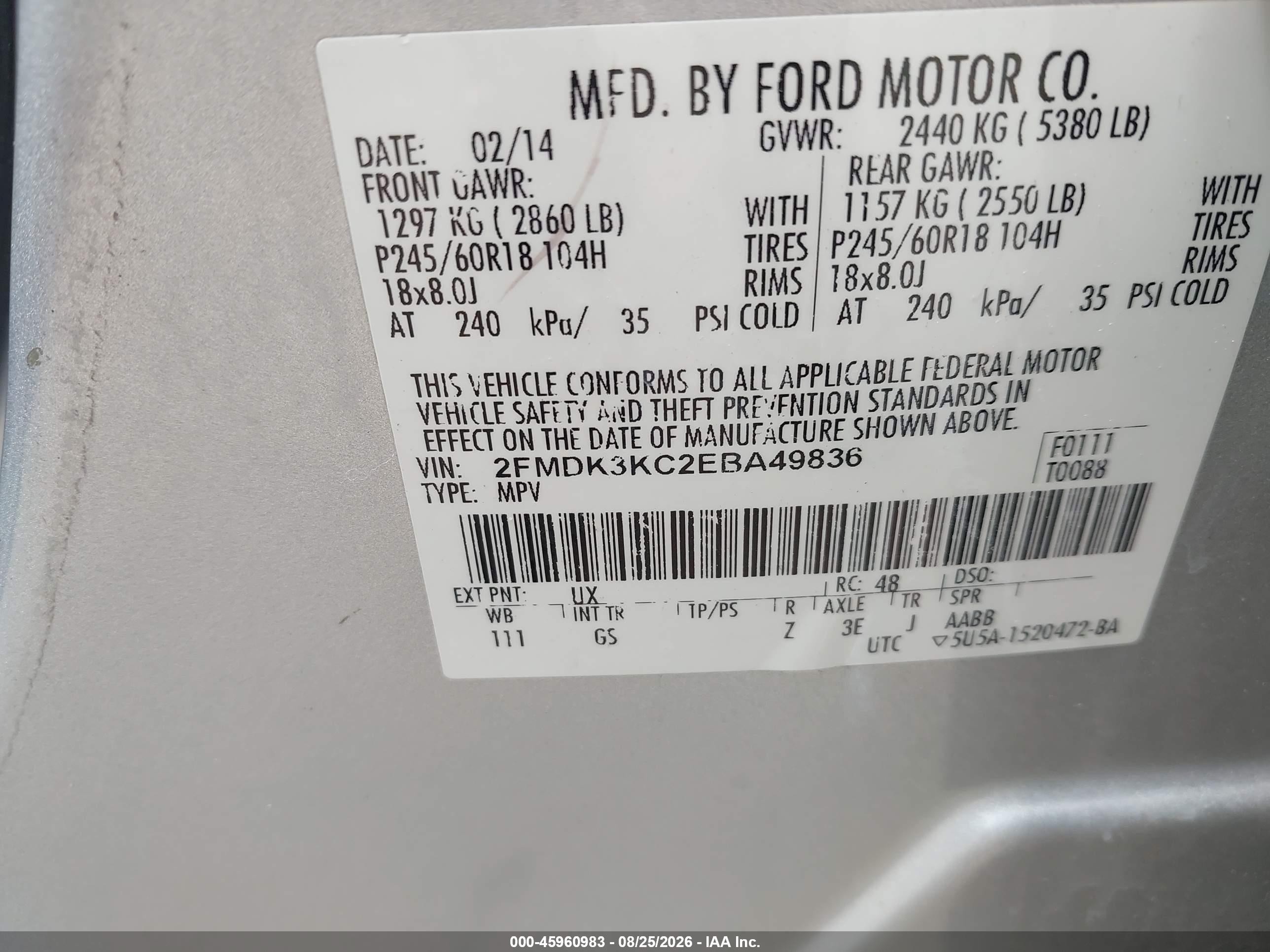 2014 Ford Edge Limited Серебряный vin: 2FMDK3KC2EBA49836