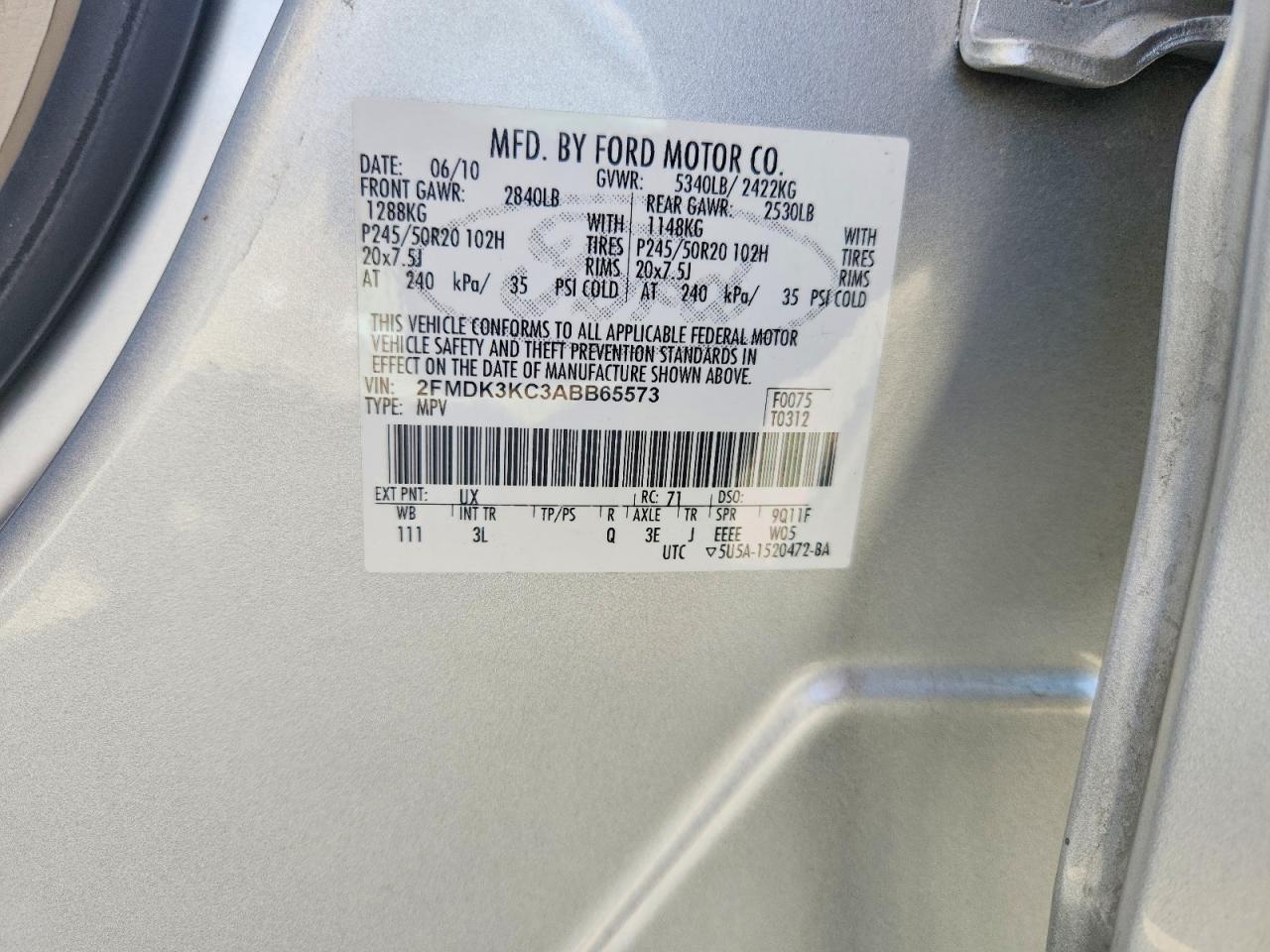 2010 Ford Edge Limited Silver vin: 2FMDK3KC3ABB65573