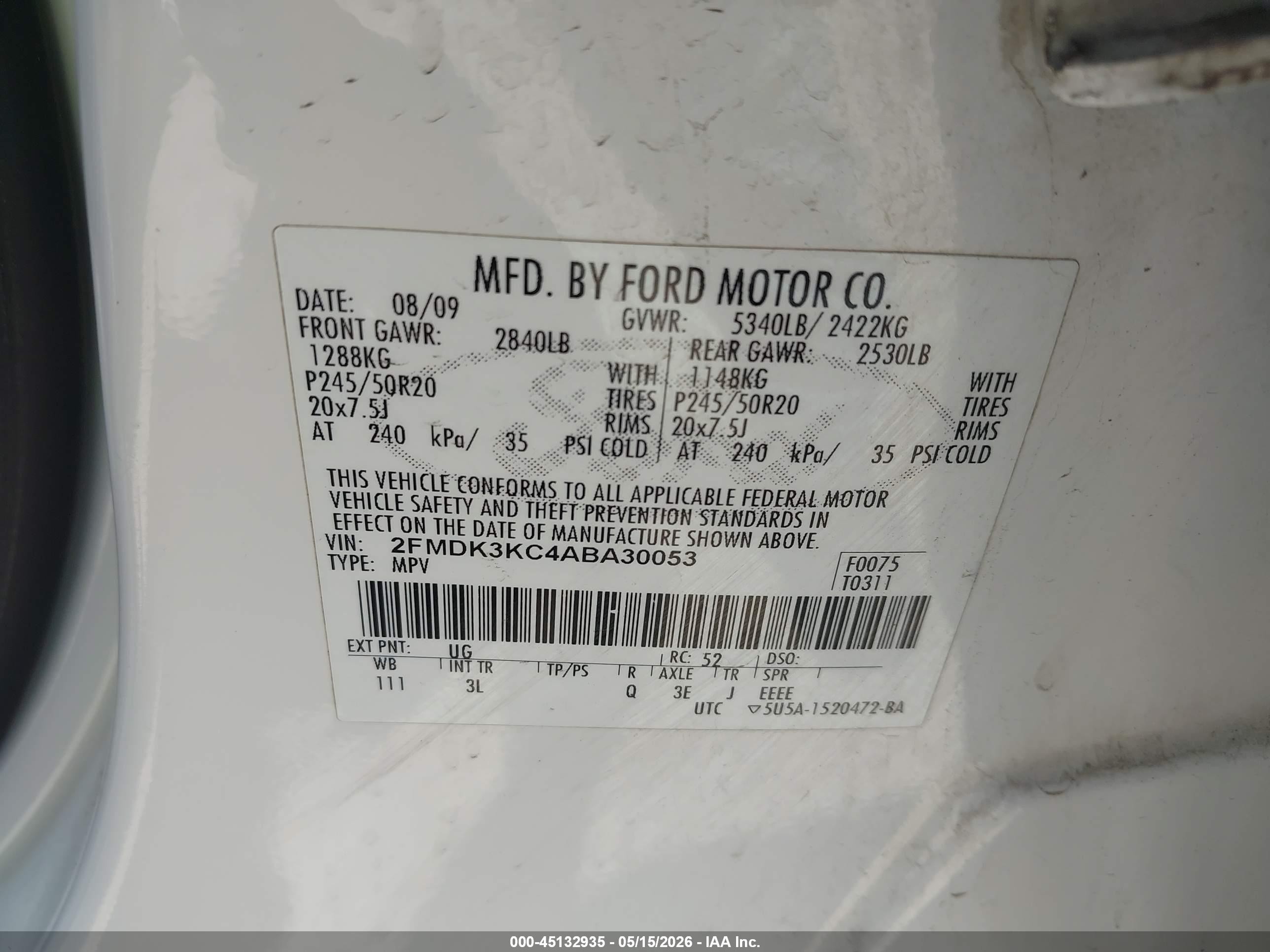 2010 Ford Edge Limited Белый vin: 2FMDK3KC4ABA30053