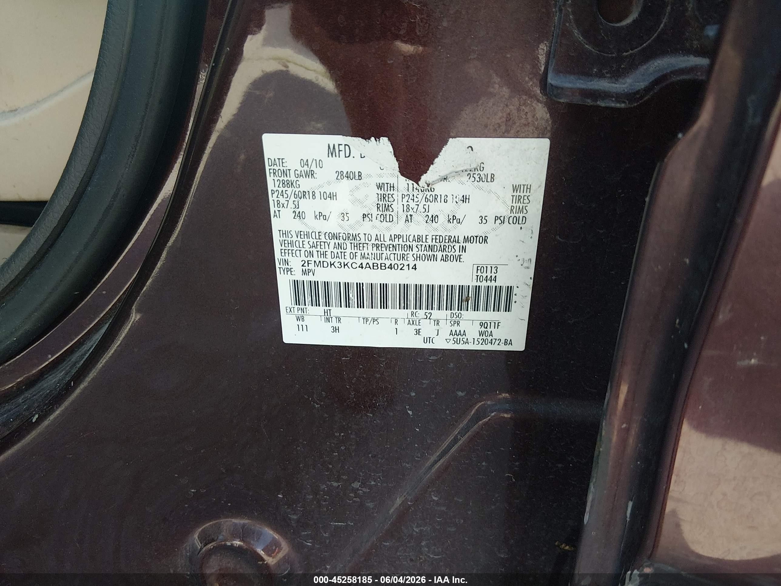 2010 Ford Edge Limited Burgundy vin: 2FMDK3KC4ABB40214
