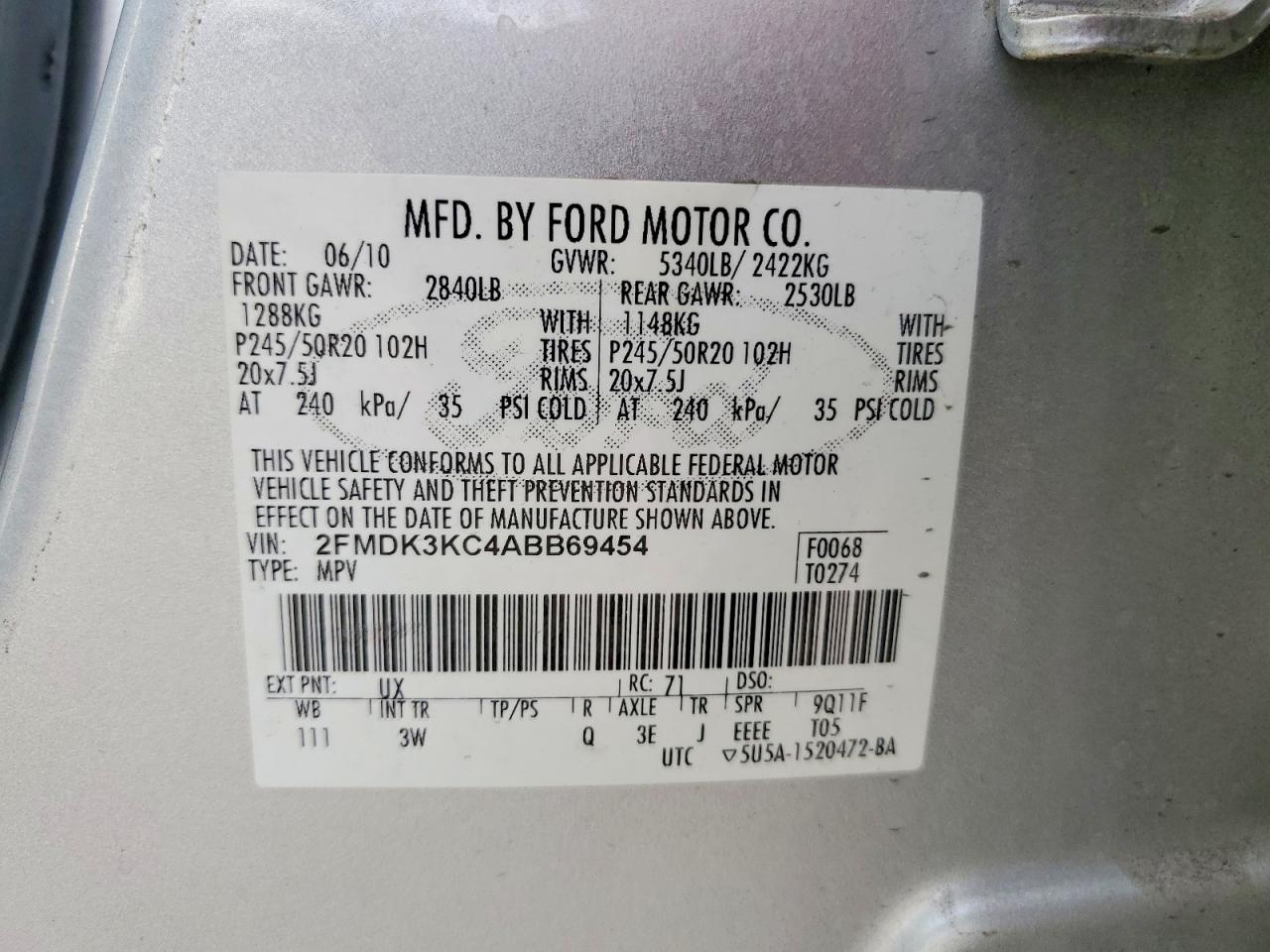 2010 Ford Edge Limited Silver vin: 2FMDK3KC4ABB69454