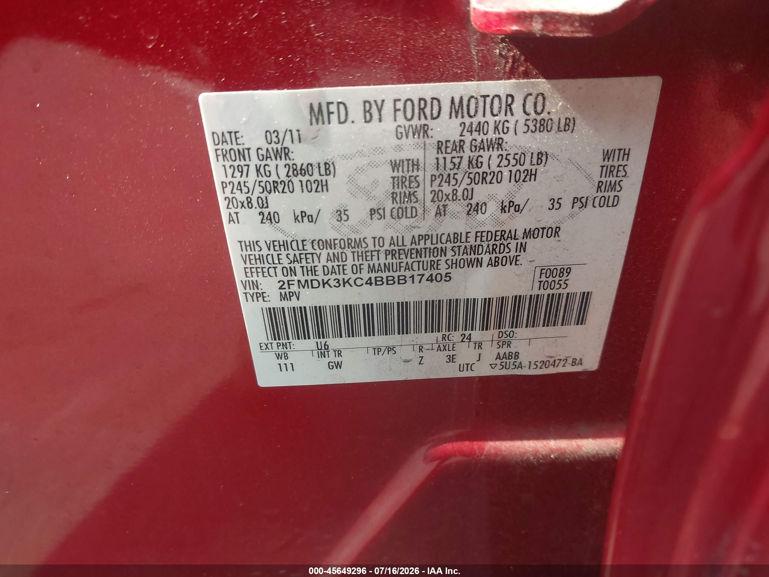 2011 Ford Edge Limited Red vin: 2FMDK3KC4BBB17405