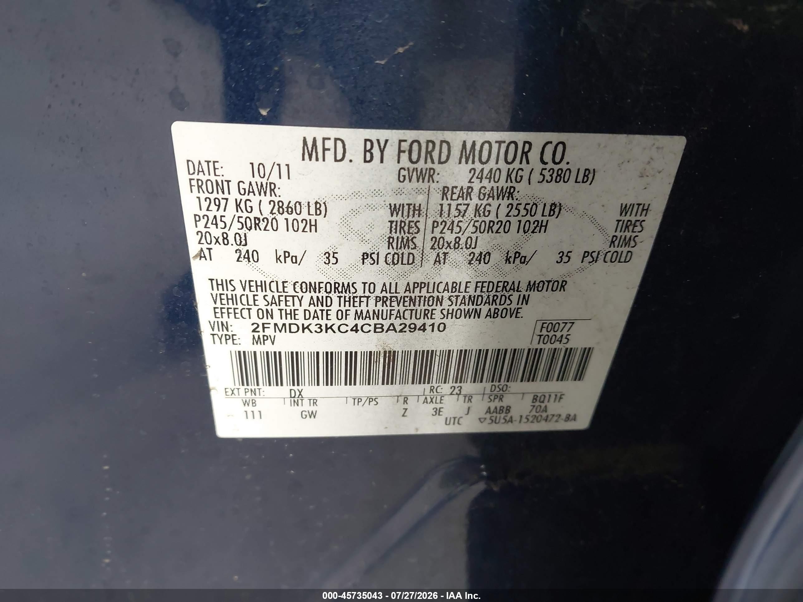 2012 Ford Edge Limited Blue vin: 2FMDK3KC4CBA29410