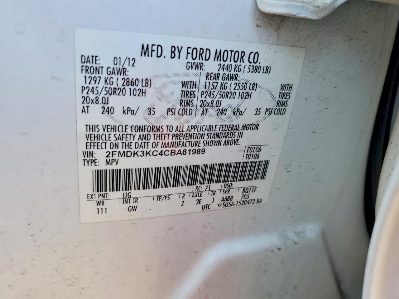2012 Ford Edge Limited White vin: 2FMDK3KC4CBA81989