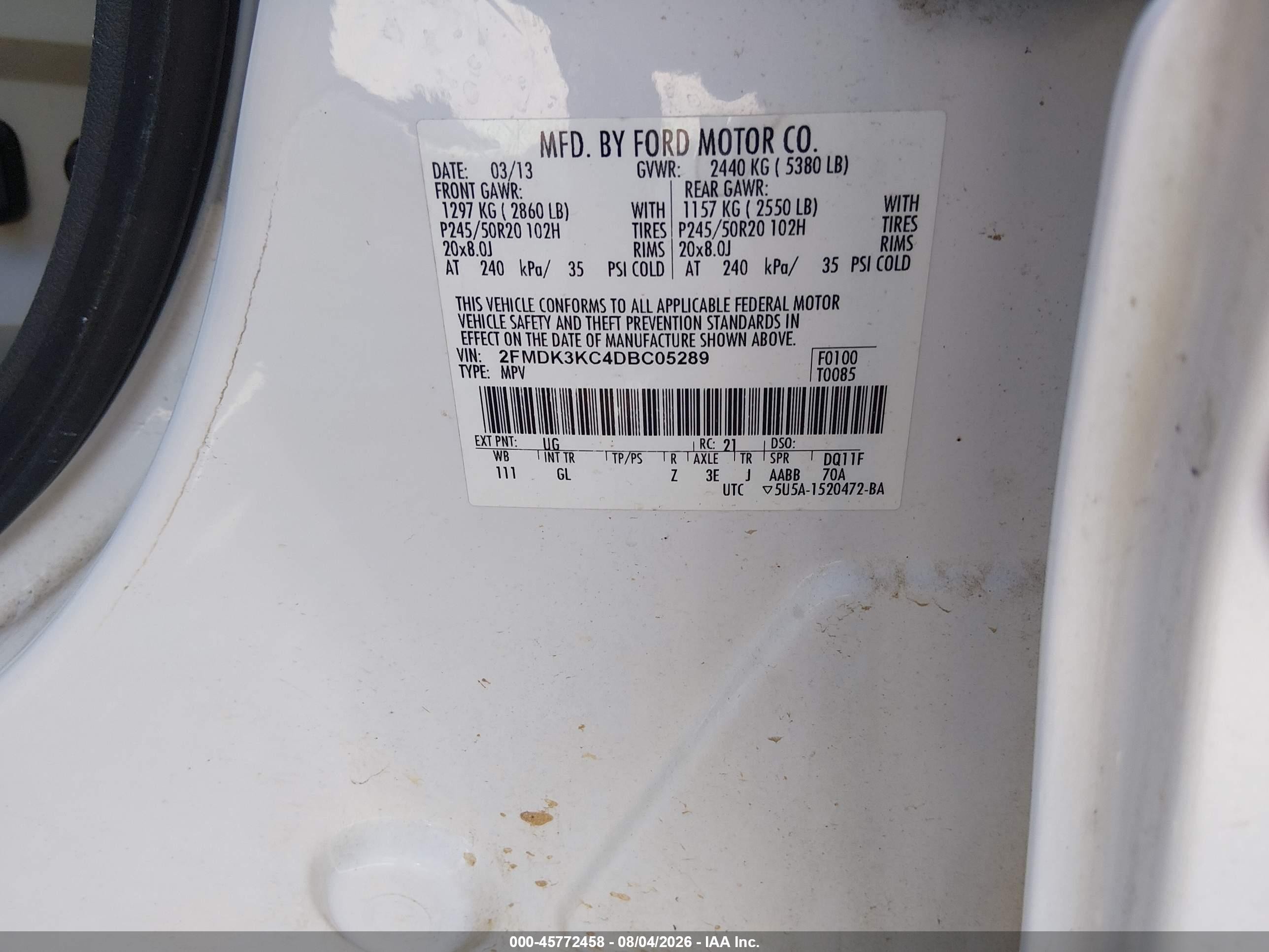 2013 Ford Edge Limited Белый vin: 2FMDK3KC4DBC05289