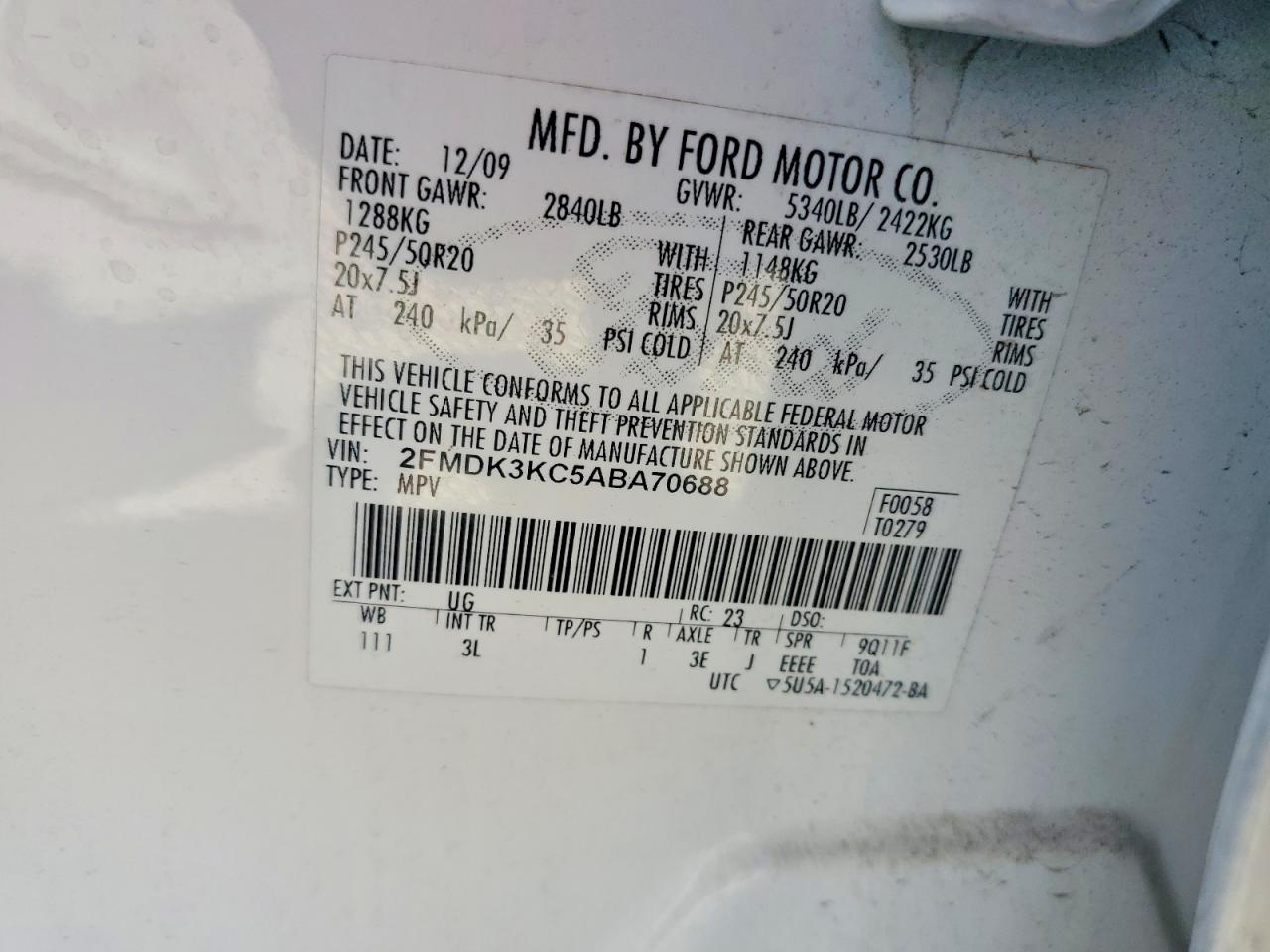 2010 Ford Edge Limited Белый vin: 2FMDK3KC5ABA70688