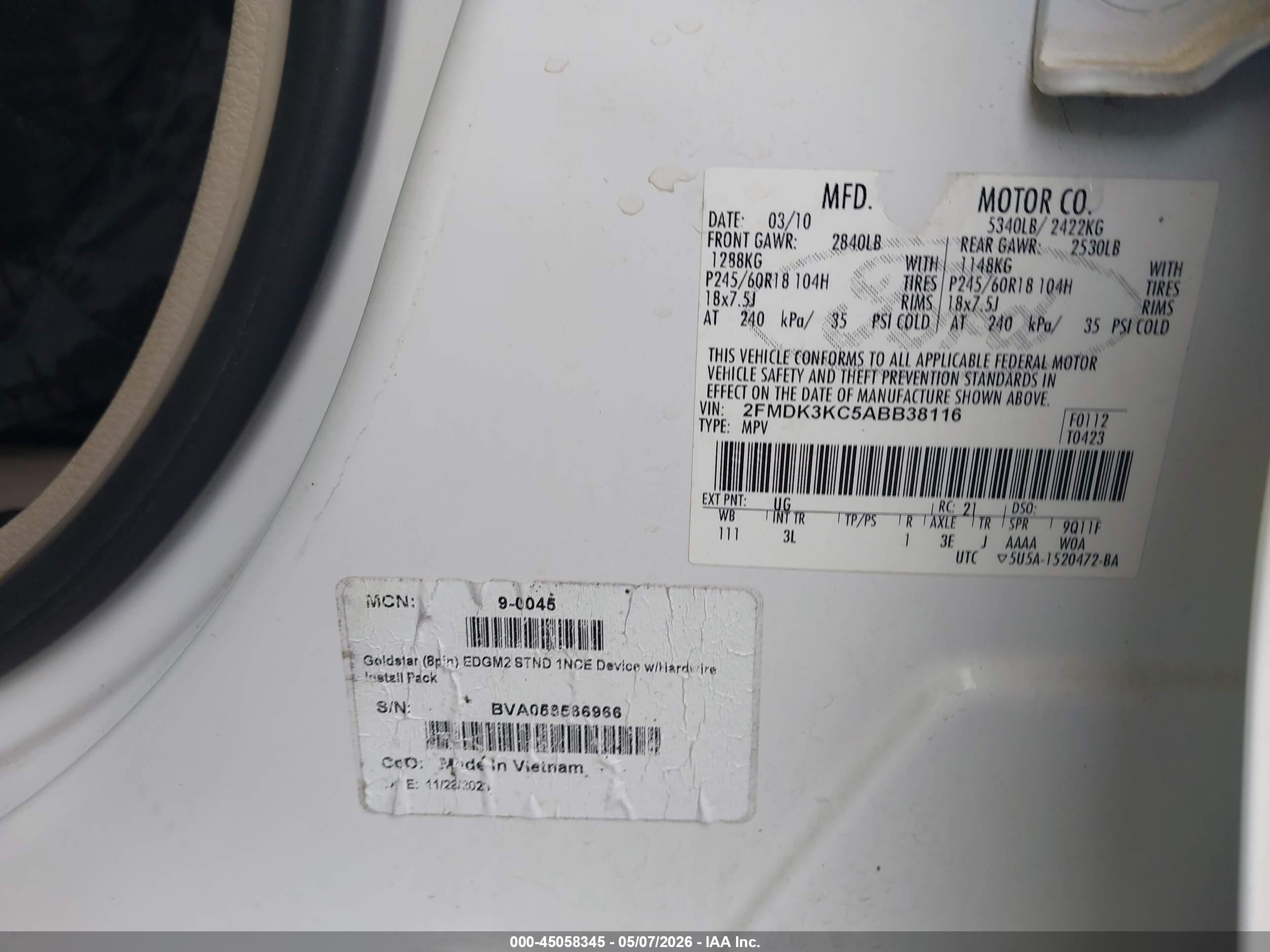 2010 Ford Edge Limited White vin: 2FMDK3KC5ABB38116