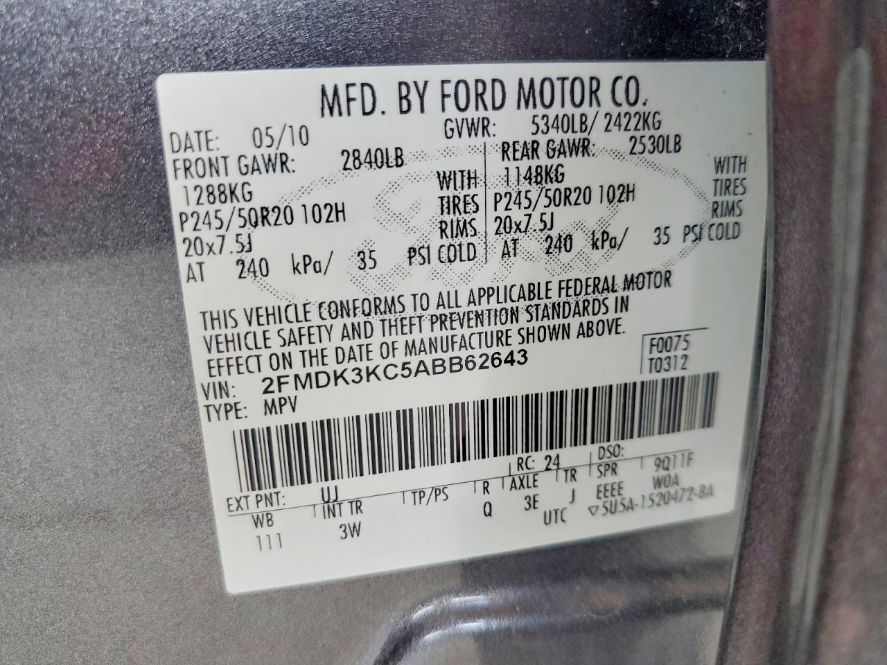 2010 Ford Edge Limited Gray vin: 2FMDK3KC5ABB62643